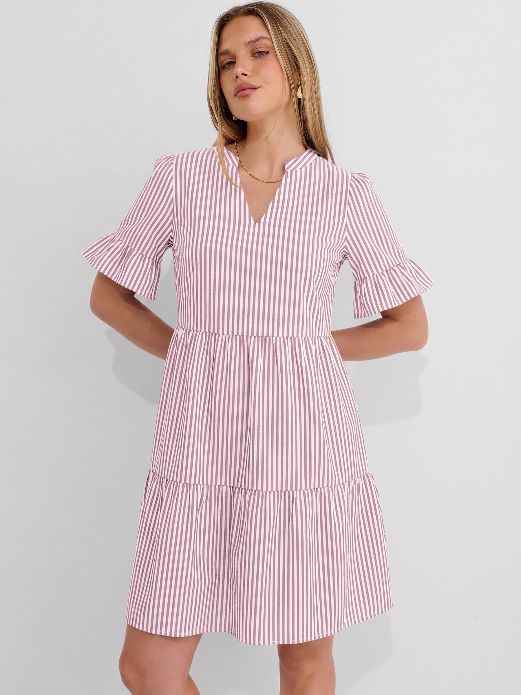 Caracilia Dresses for Women Summer 2026 Striped V Neck Ruffle Sleeve A Line Tiered Flowy Casual Mini Beach Dress with Pockets