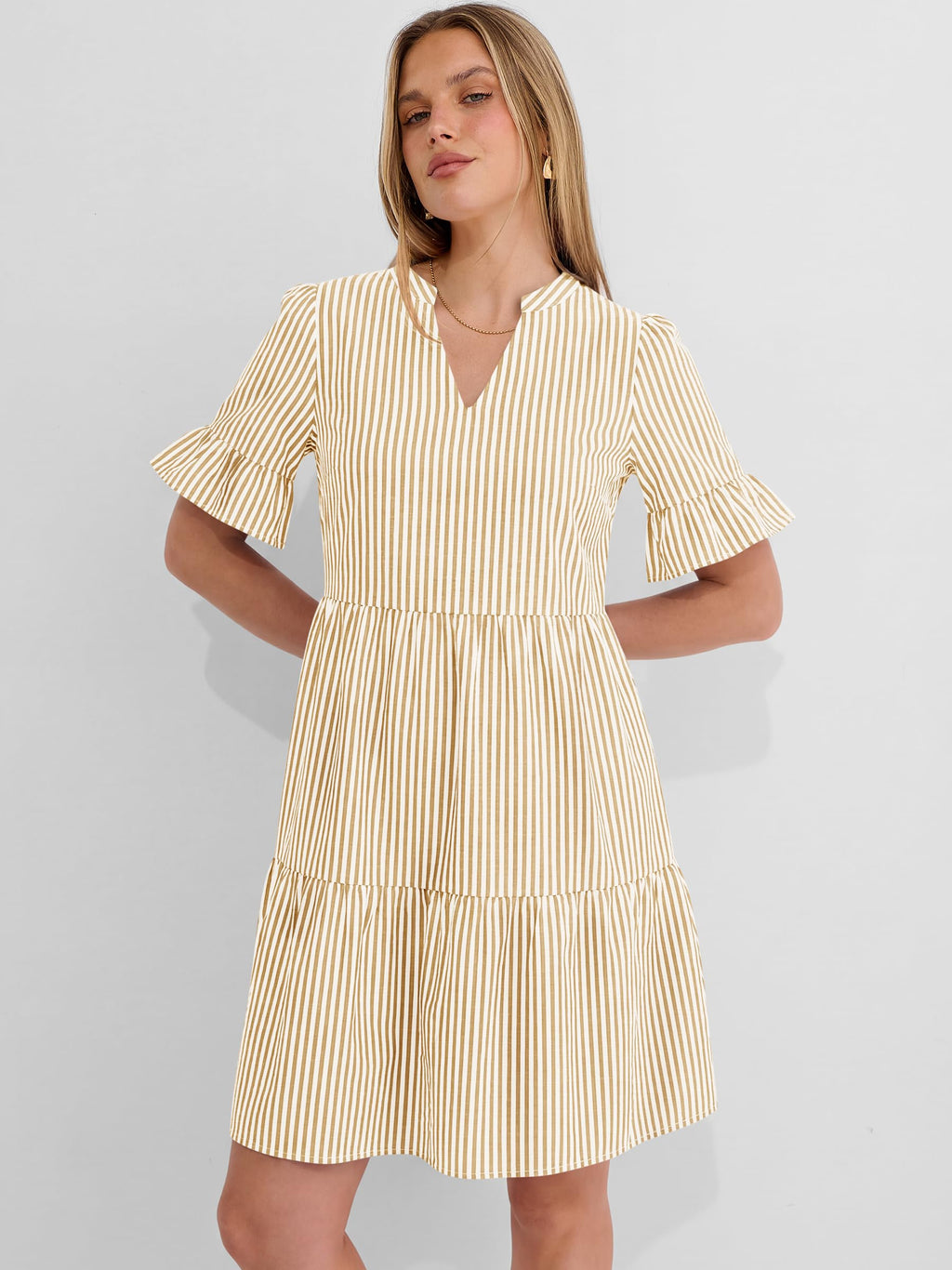 Caracilia Dresses for Women Summer 2026 Striped V Neck Ruffle Sleeve A Line Tiered Flowy Casual Mini Beach Dress with Pockets