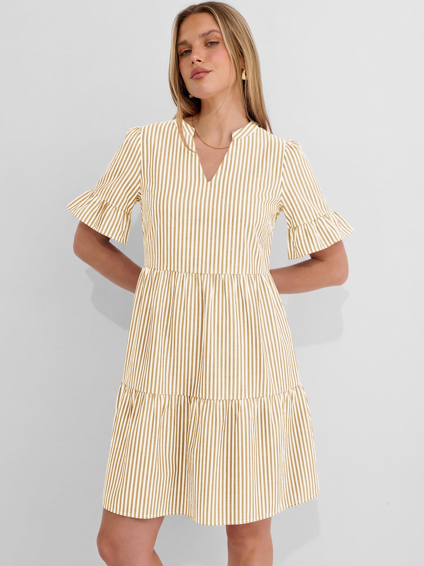 Caracilia Dresses for Women Summer 2026 Striped V Neck Ruffle Sleeve A Line Tiered Flowy Casual Mini Beach Dress with Pockets