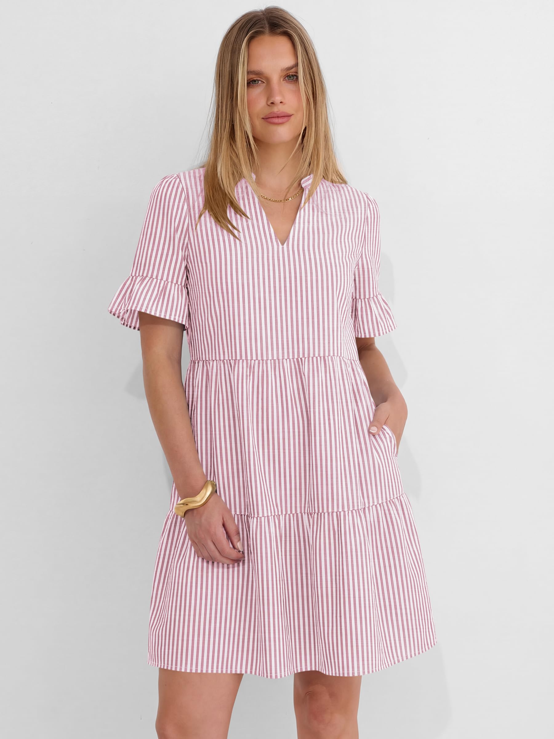 Caracilia Dresses for Women Summer 2026 Striped V Neck Ruffle Sleeve A Line Tiered Flowy Casual Mini Beach Dress with Pockets
