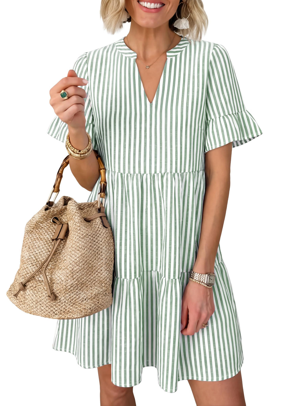 Caracilia Dresses for Women Summer 2026 Striped V Neck Ruffle Sleeve A Line Tiered Flowy Casual Mini Beach Dress with Pockets