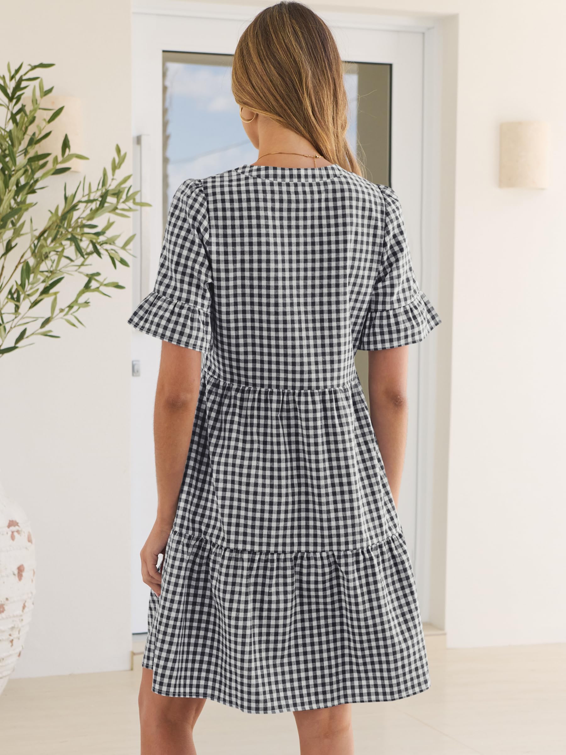 Caracilia Dresses for Women Summer 2026 Striped V Neck Ruffle Sleeve A Line Tiered Flowy Casual Mini Beach Dress with Pockets