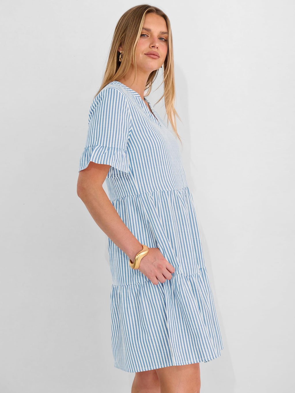 Caracilia Dresses for Women Summer 2026 Striped V Neck Ruffle Sleeve A Line Tiered Flowy Casual Mini Beach Dress with Pockets