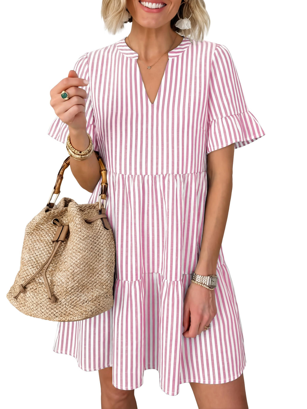 Caracilia Dresses for Women Summer 2026 Striped V Neck Ruffle Sleeve A Line Tiered Flowy Casual Mini Beach Dress with Pockets