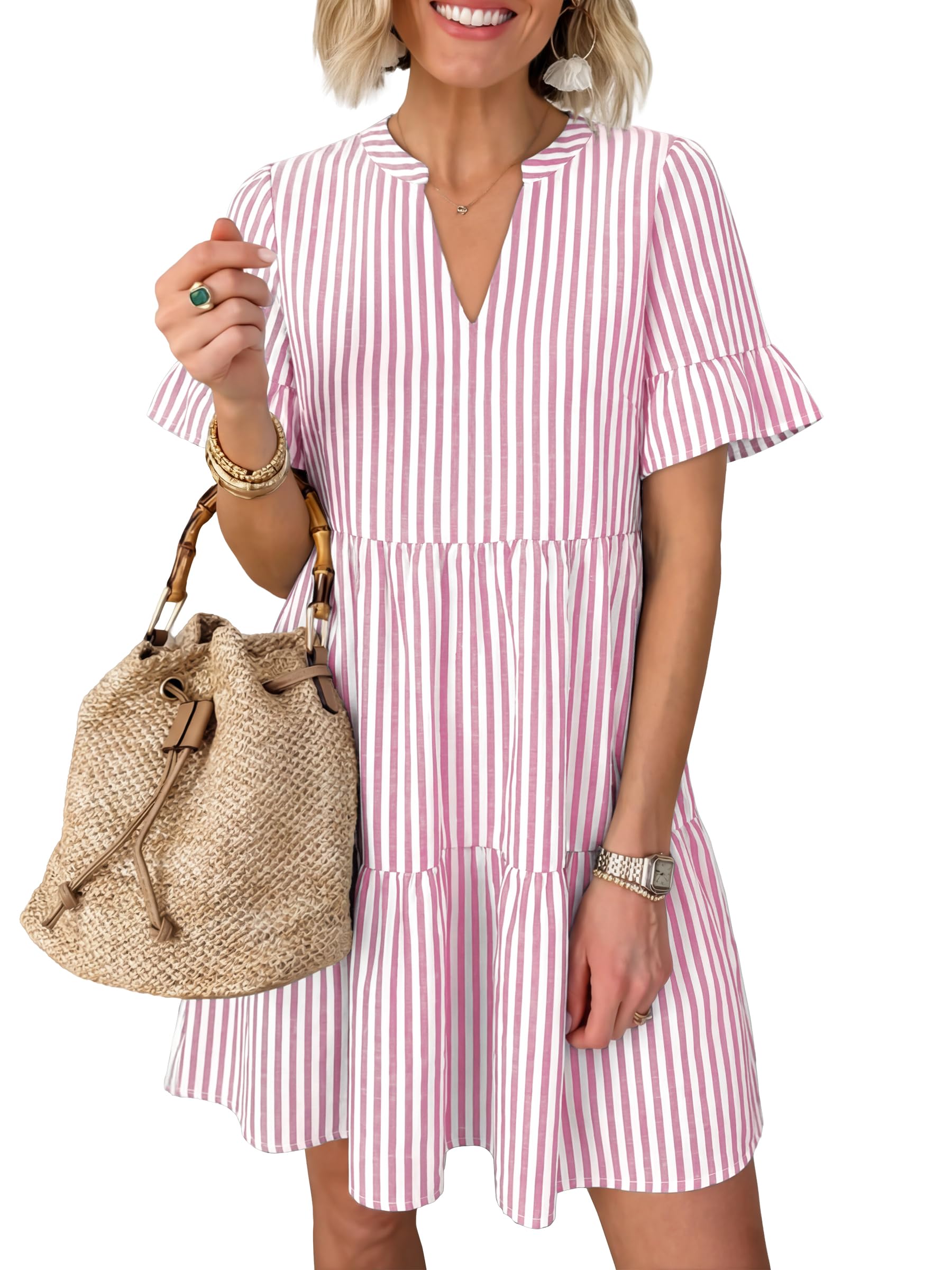 Caracilia Dresses for Women Summer 2026 Striped V Neck Ruffle Sleeve A Line Tiered Flowy Casual Mini Beach Dress with Pockets