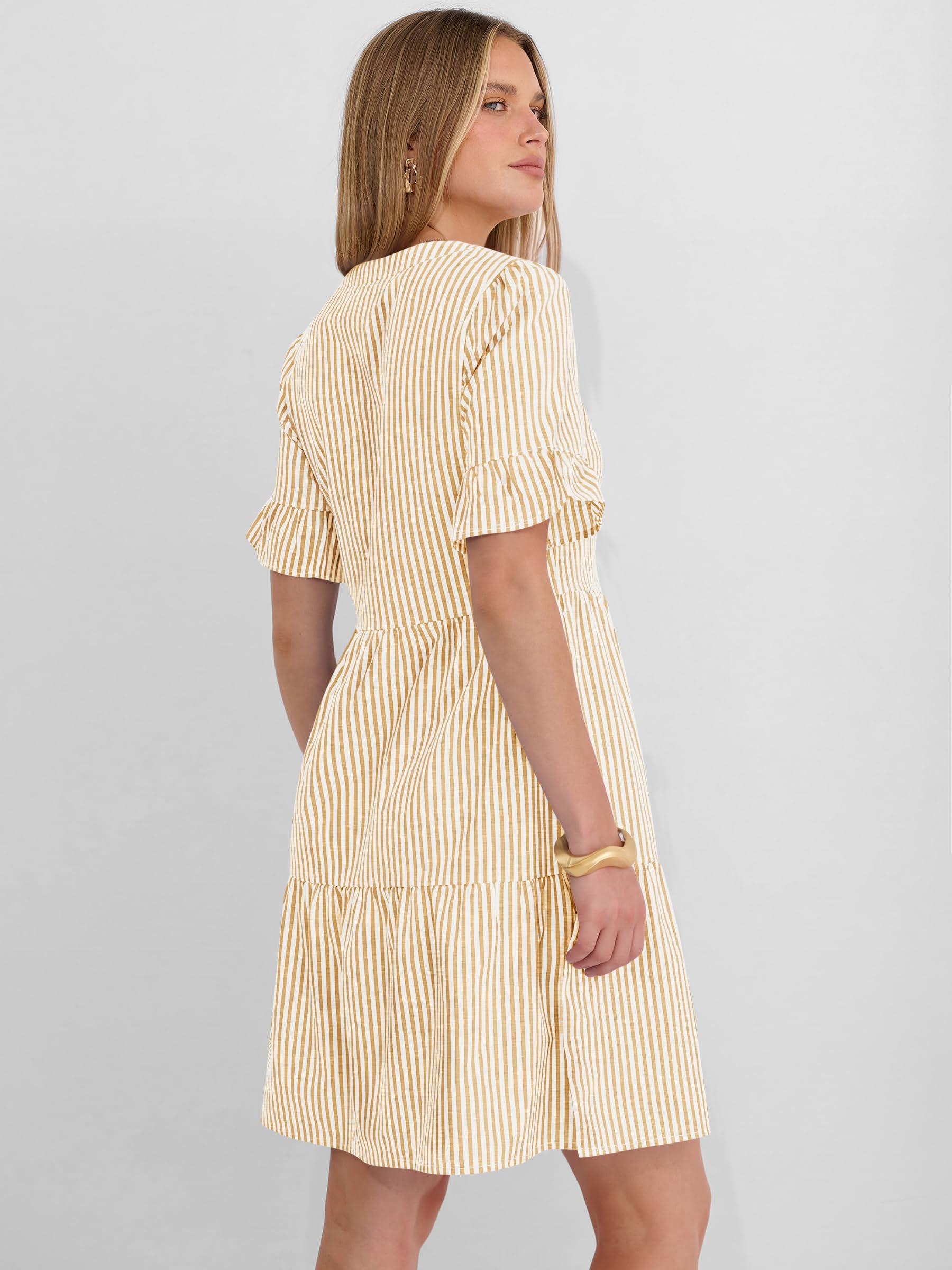 Caracilia Dresses for Women Summer 2026 Striped V Neck Ruffle Sleeve A Line Tiered Flowy Casual Mini Beach Dress with Pockets