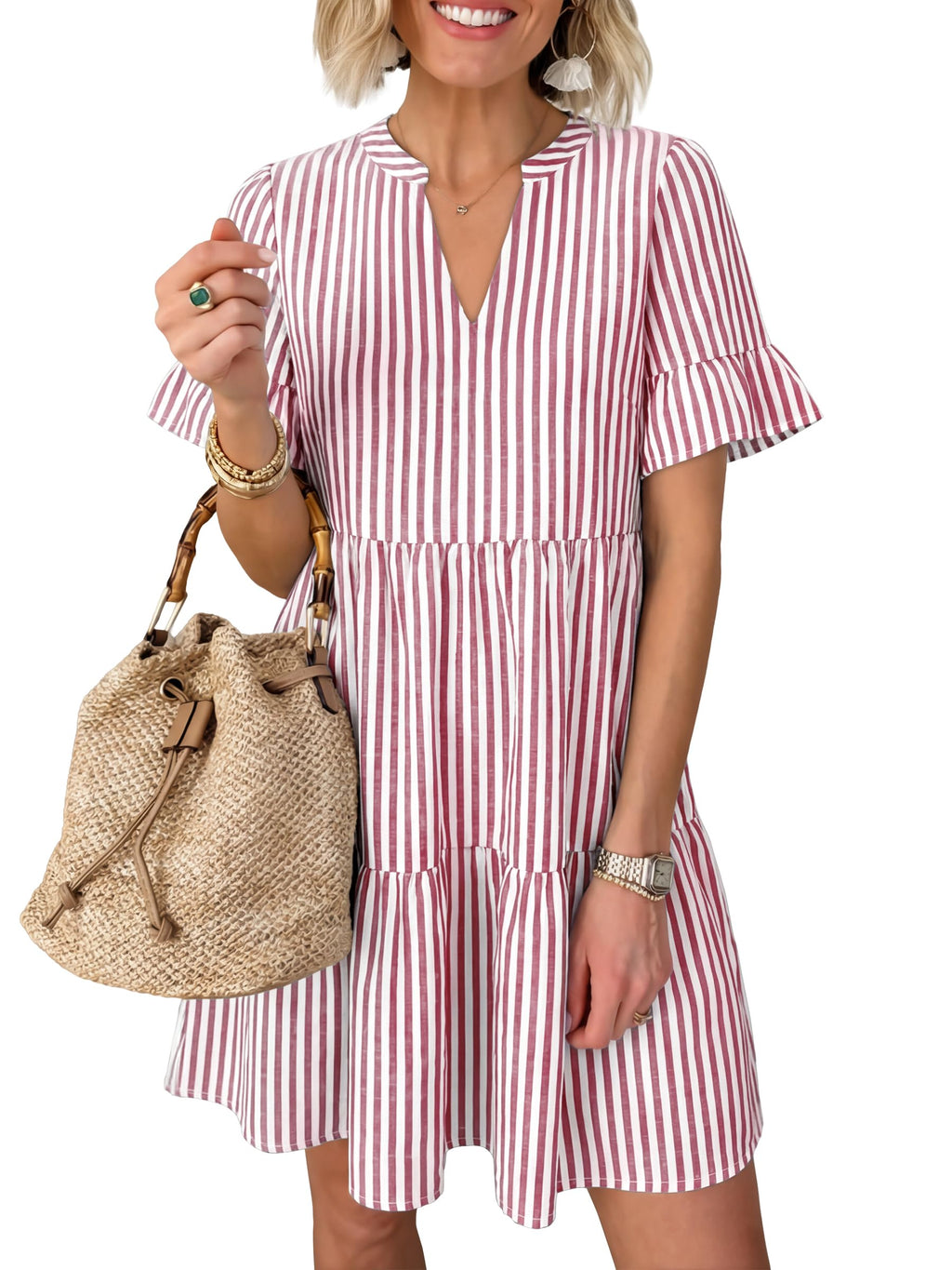 Caracilia Dresses for Women Summer 2026 Striped V Neck Ruffle Sleeve A Line Tiered Flowy Casual Mini Beach Dress with Pockets