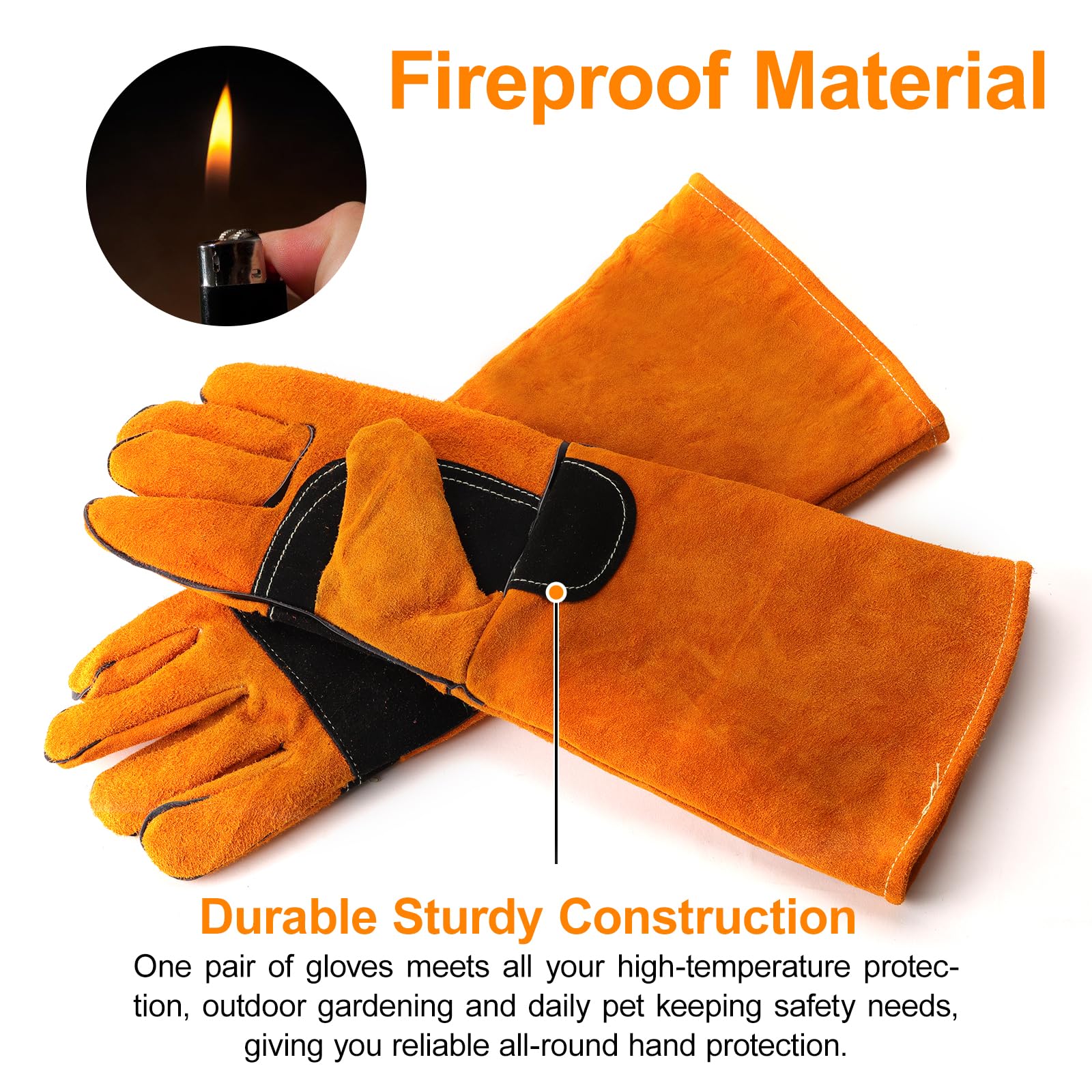 17.6Inches Heat Resistant Welding Gloves, Fire & Heat Proof Fireplace Gloves, Bite & Scratch Resistant, Heavy Duty Leather for Welding/BBQ/Wood Stove/Furnace/Oven/Forge/Animal Handling/Pet Care