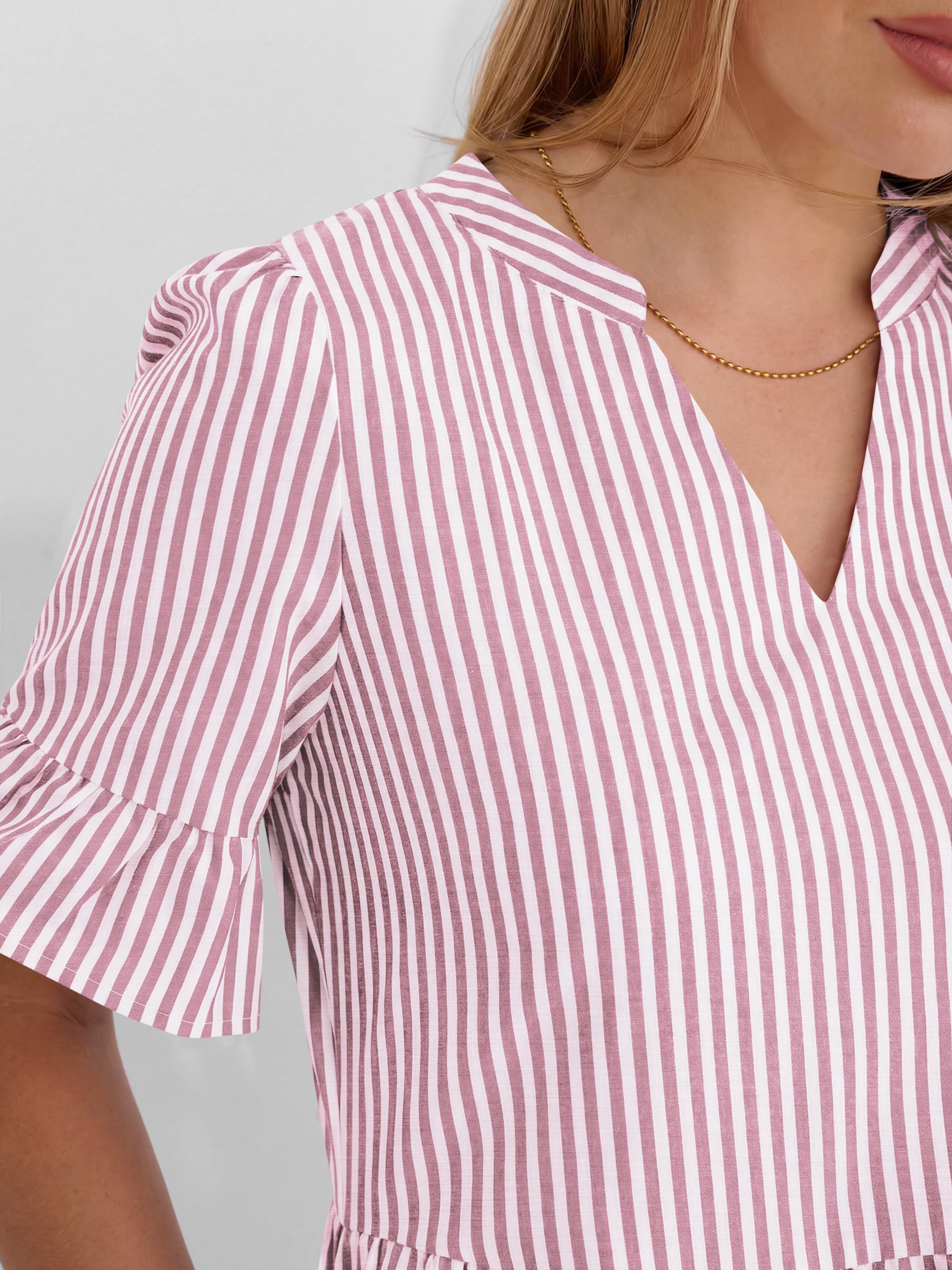 Caracilia Dresses for Women Summer 2026 Striped V Neck Ruffle Sleeve A Line Tiered Flowy Casual Mini Beach Dress with Pockets