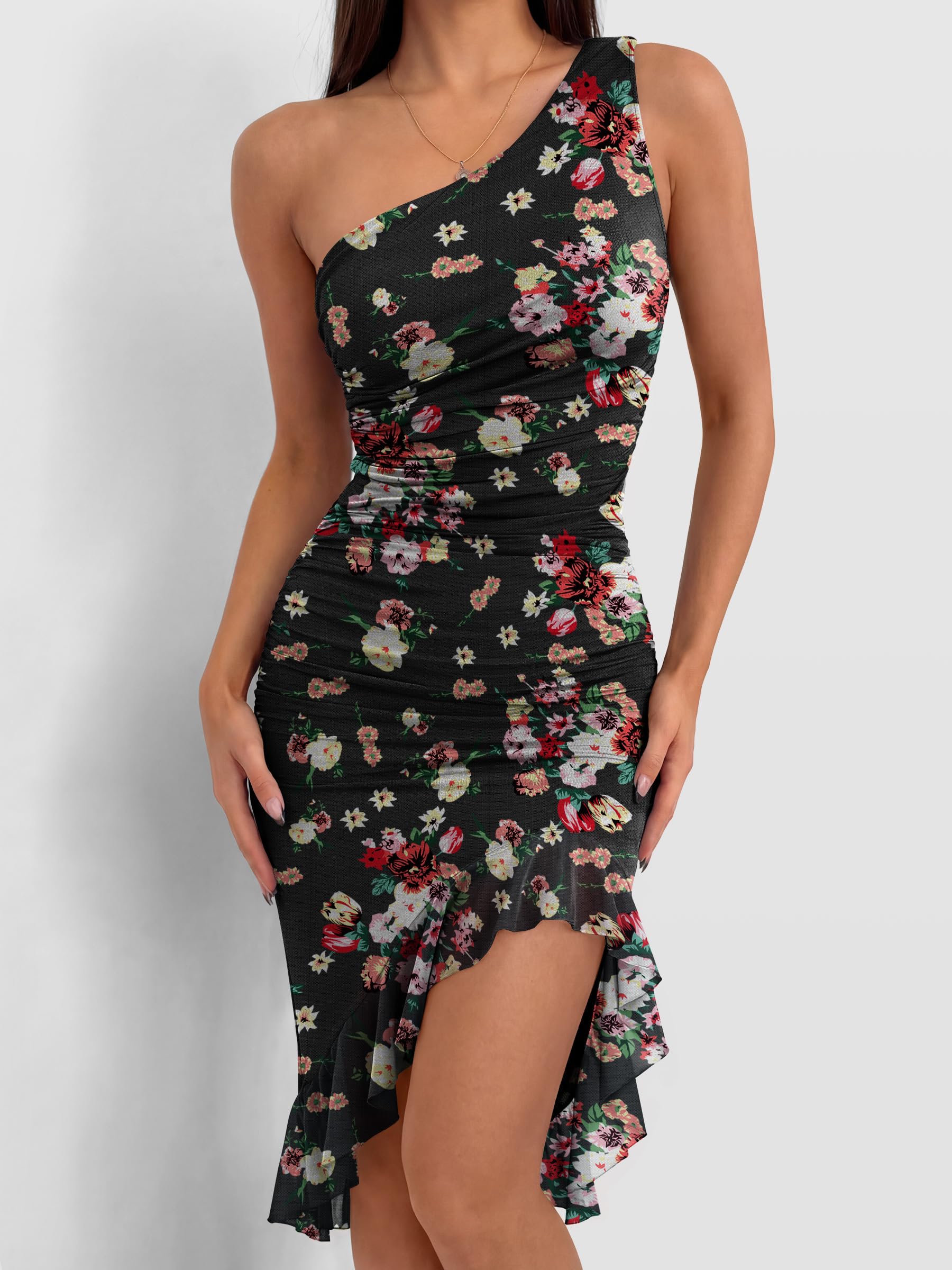 Caracilia Womens One Shoulder Dresses 2026 Summer Bodycon Ruched Mesh Cocktail Party Wedding Guest Sexy Night Club Midi Dress