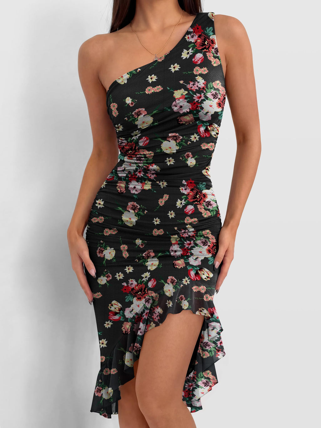 Caracilia Womens One Shoulder Dresses 2026 Summer Bodycon Ruched Mesh Cocktail Party Wedding Guest Sexy Night Club Midi Dress