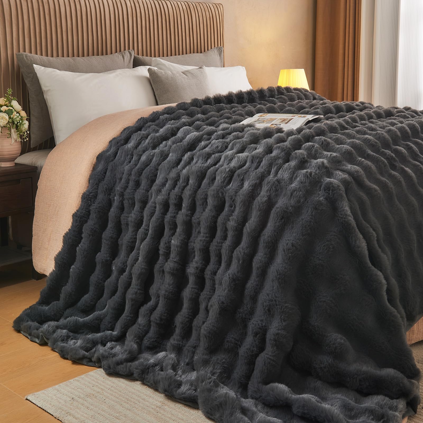 Lotus Karen Faux Fur Throw Blanket Black - Big Bubble Rabbit Fluff Blanket for Couch, Small Fluffy Fuzzy Cozy Blanket, Thick Furry Plush Shaggy Blankets, 50x60 Inches