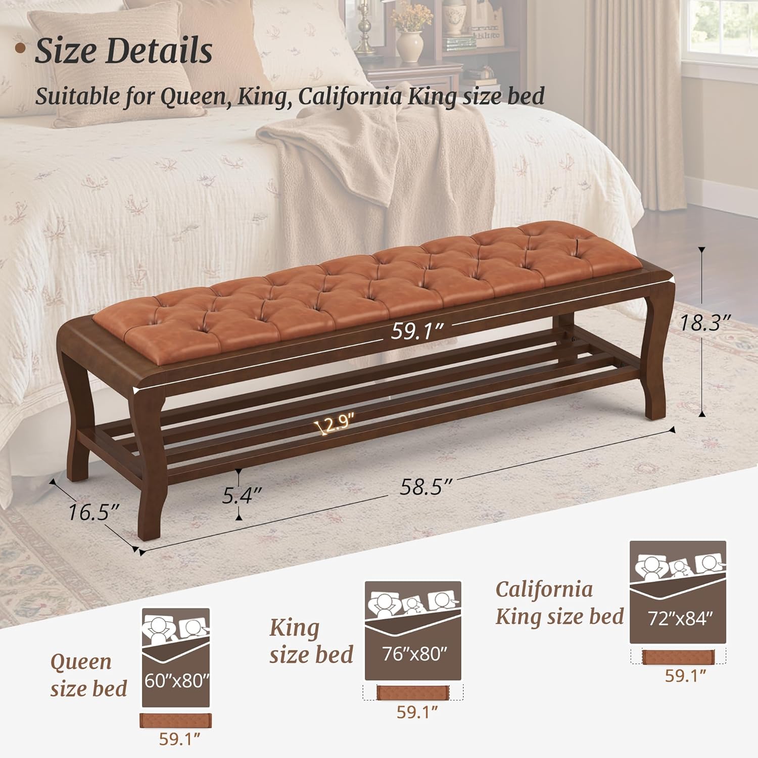 Cozyman Entryway Bench 59 Inch, PU Leather Upholstered Bed Bench with Solid Rubber Wood Legs, 300LBS Weight Capacity, Storage for Shoes/Toys, Easy Assembly for Hallway/Entryway/Living Room, Caramel