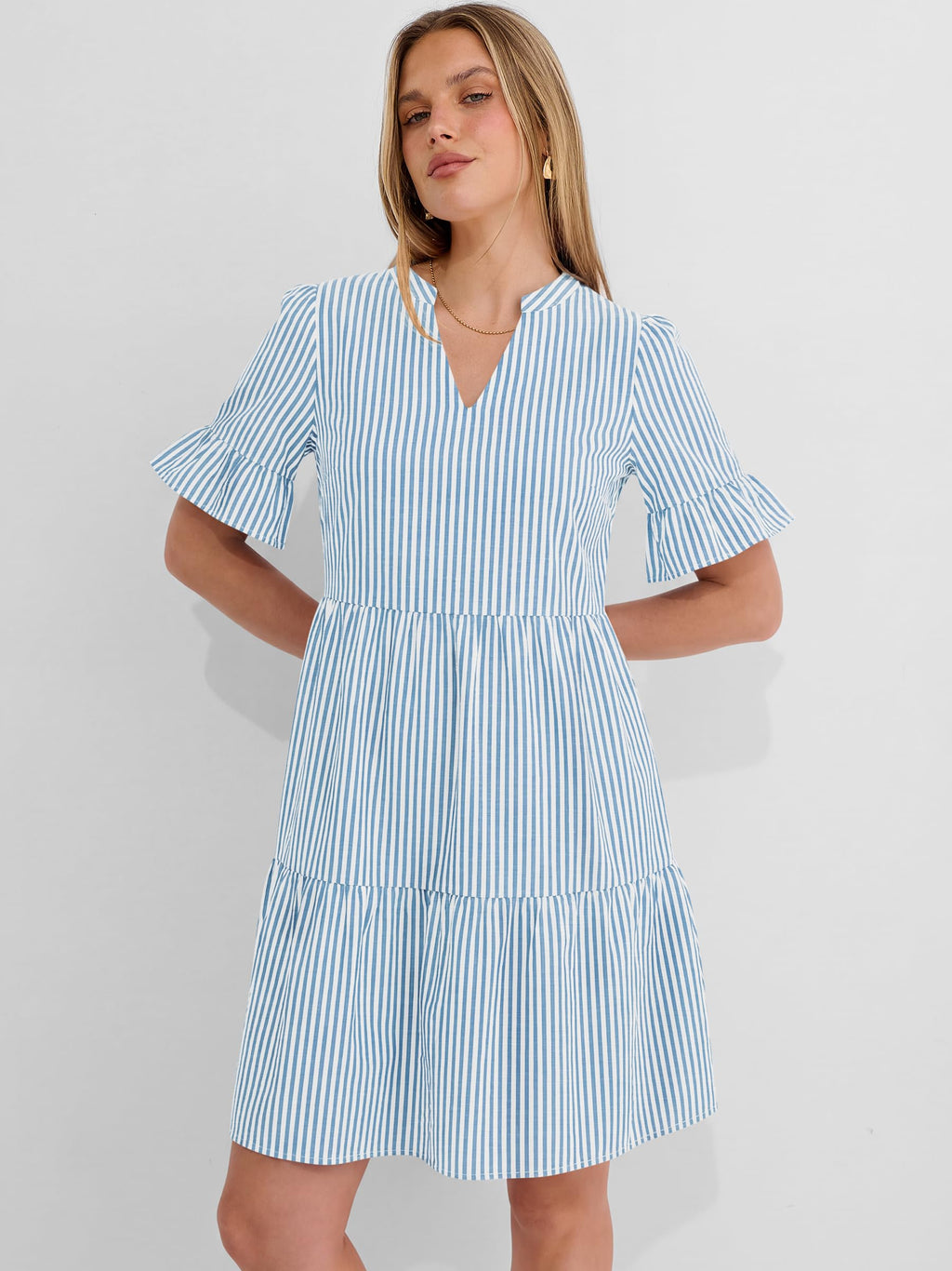 Caracilia Dresses for Women Summer 2026 Striped V Neck Ruffle Sleeve A Line Tiered Flowy Casual Mini Beach Dress with Pockets