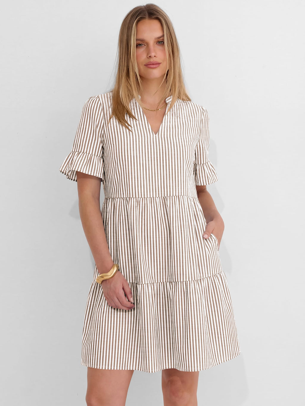 Caracilia Dresses for Women Summer 2026 Striped V Neck Ruffle Sleeve A Line Tiered Flowy Casual Mini Beach Dress with Pockets