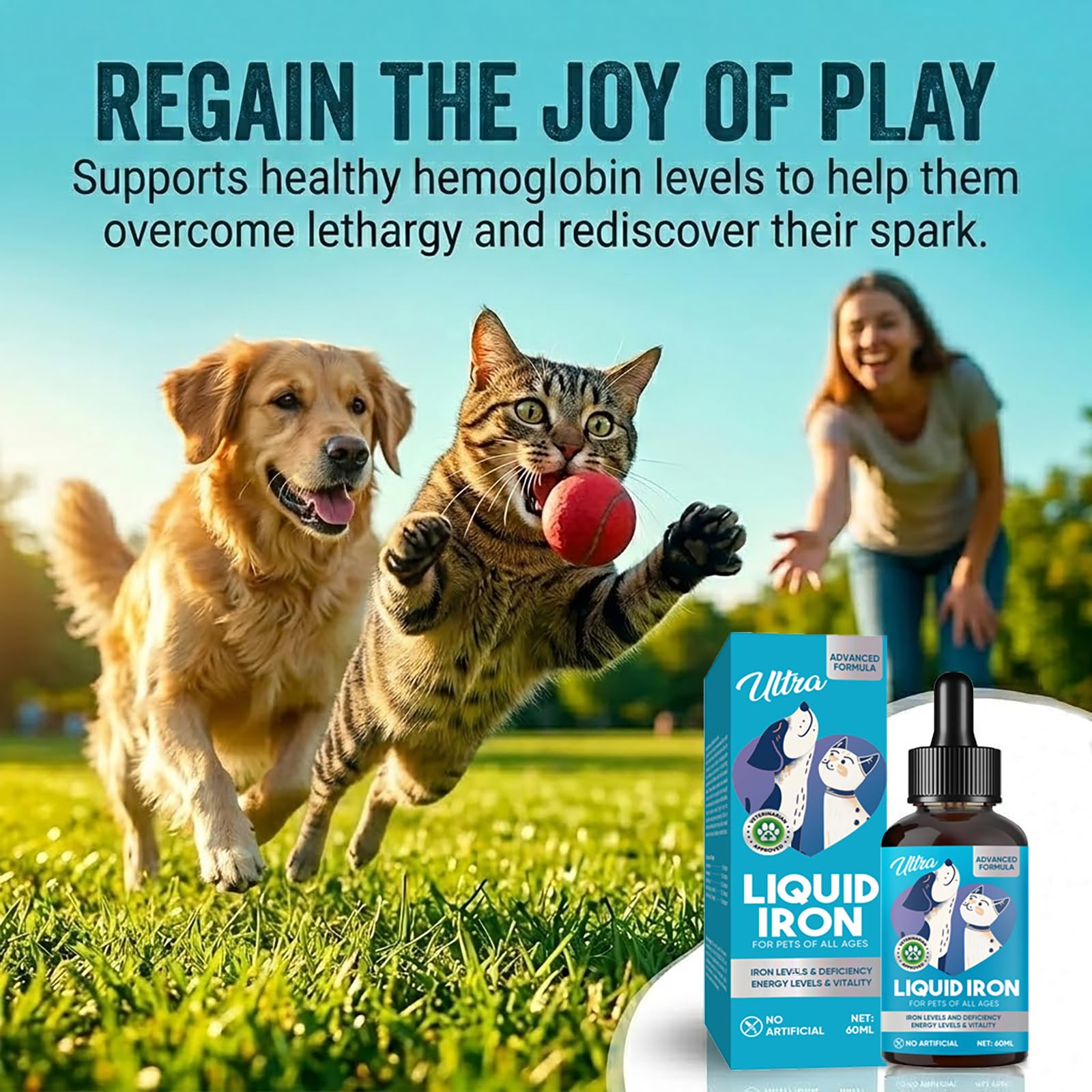 Iron Supplement for Cats and Dogs, 2 Fl Oz Liquid Iron Drops with Vitamin B12 & C, Supports Healthy Blood Levels, Energy and Vitality, Immune Support for Pets Needing Blood Health, Quick Absorption