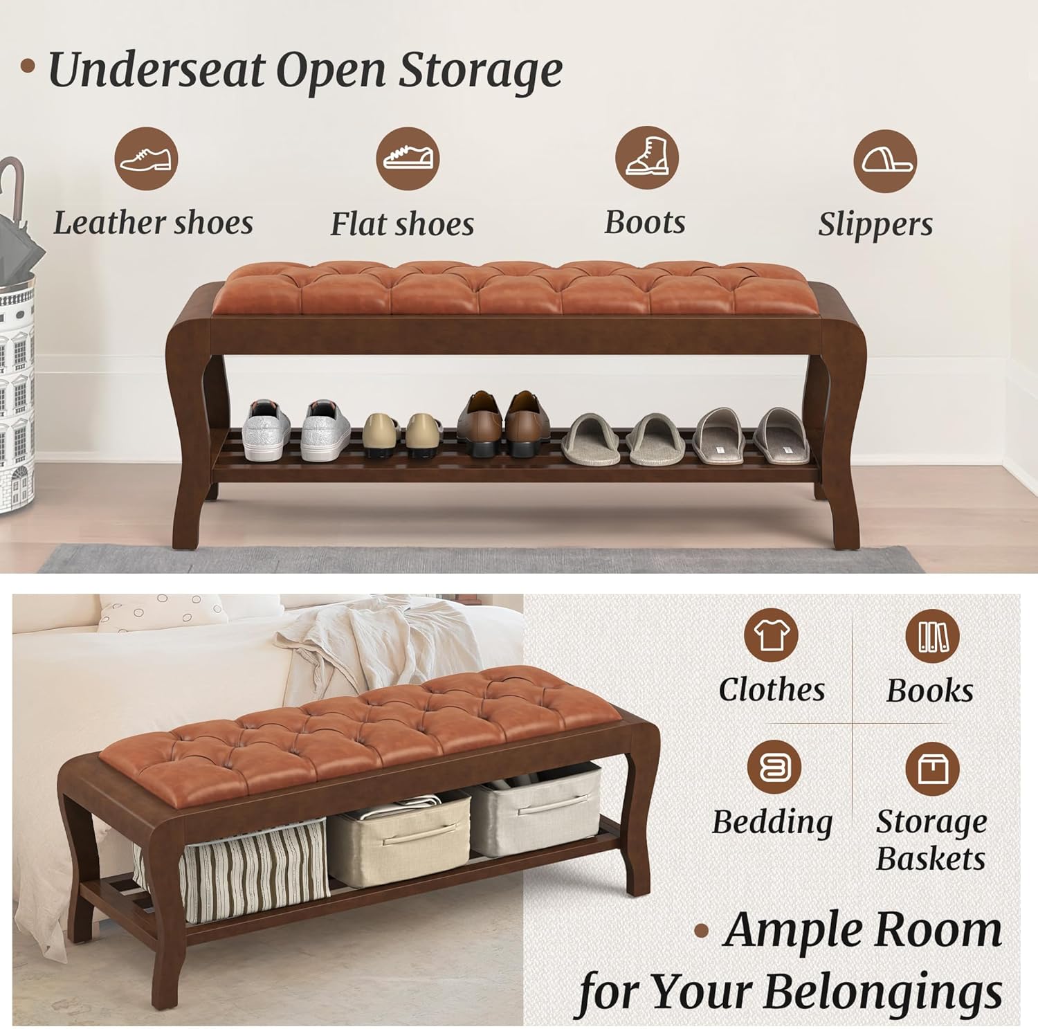 Cozyman Entryway Bench 59 Inch, PU Leather Upholstered Bed Bench with Solid Rubber Wood Legs, 300LBS Weight Capacity, Storage for Shoes/Toys, Easy Assembly for Hallway/Entryway/Living Room, Caramel