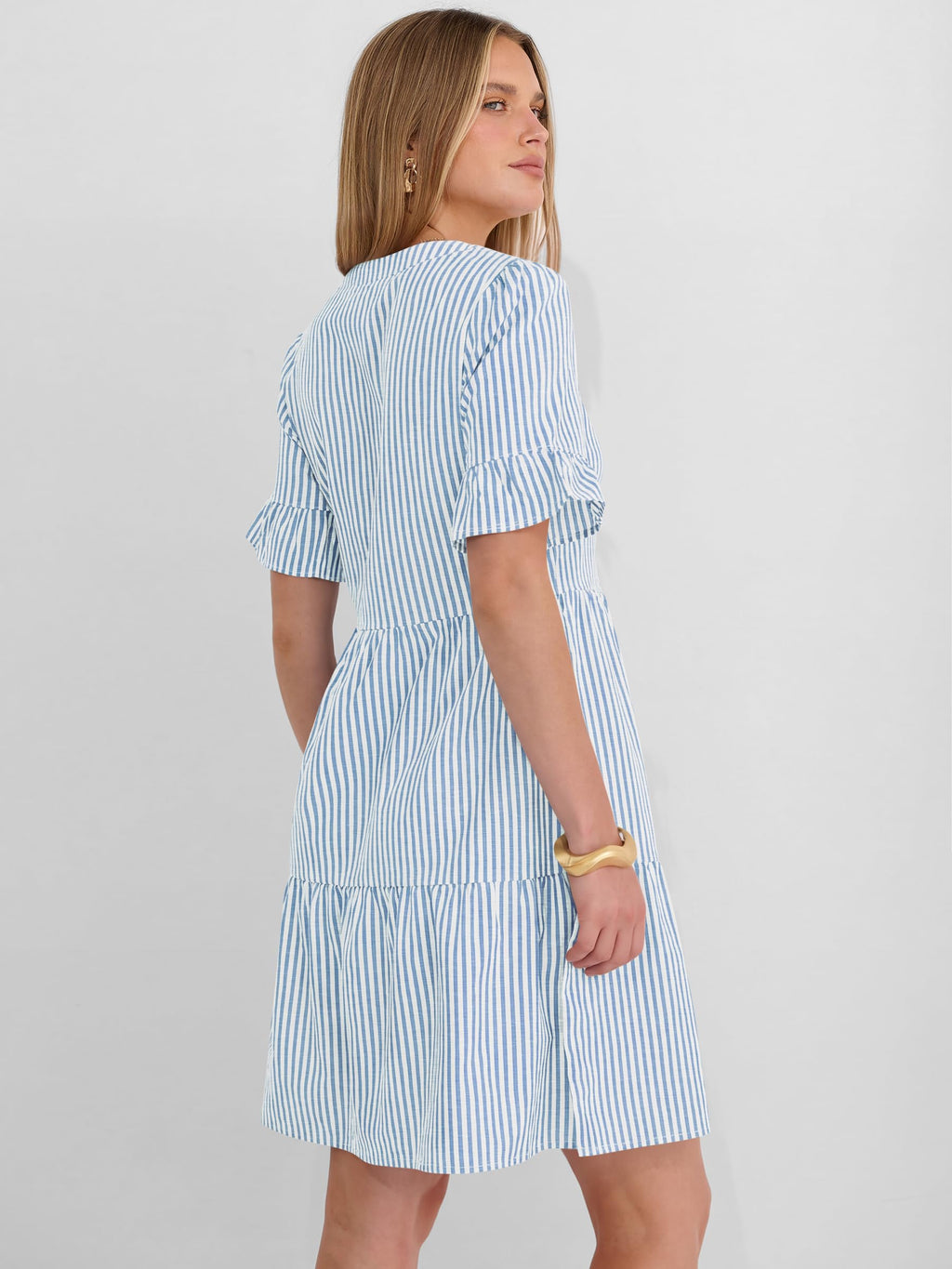 Caracilia Dresses for Women Summer 2026 Striped V Neck Ruffle Sleeve A Line Tiered Flowy Casual Mini Beach Dress with Pockets