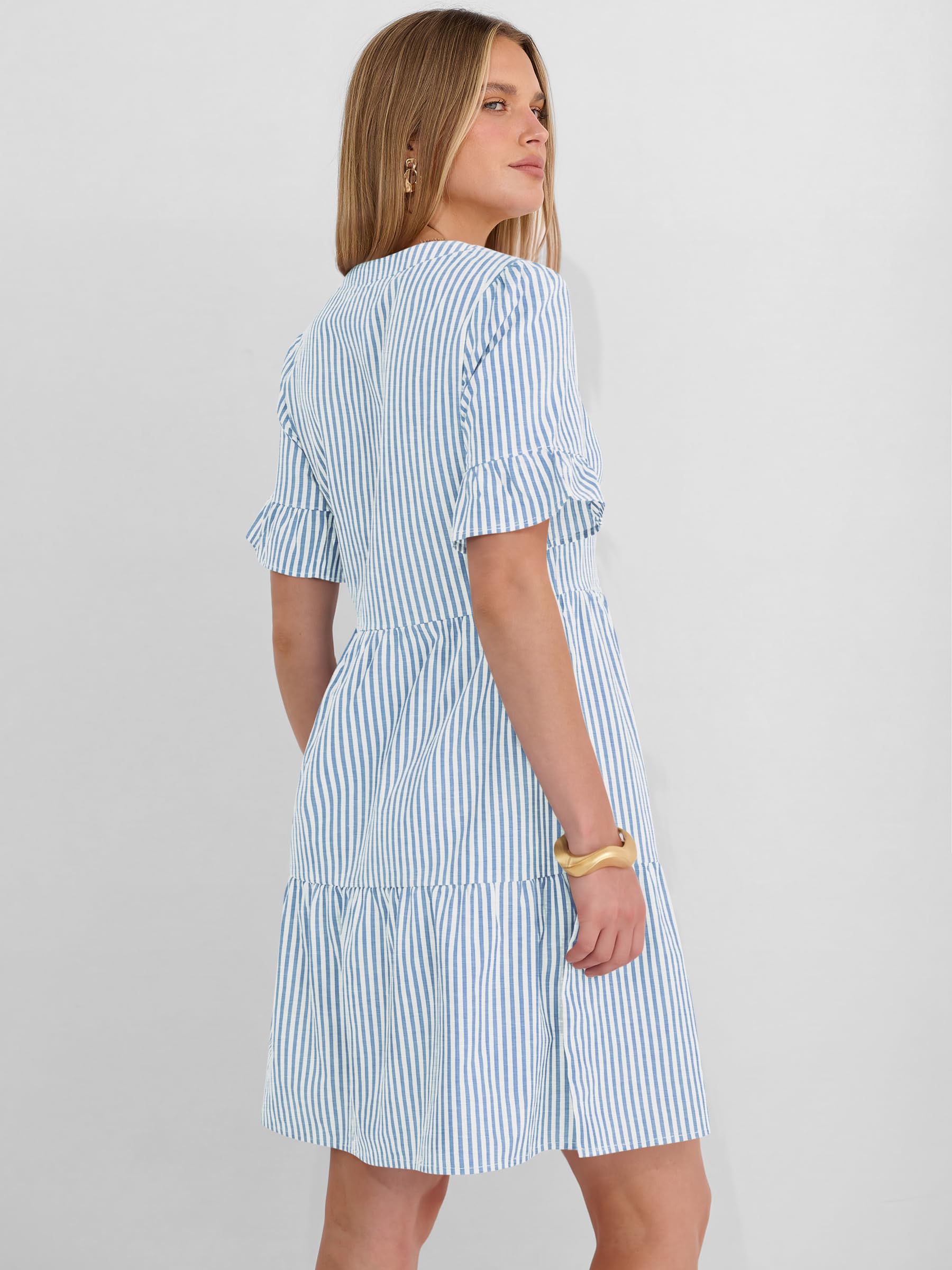 Caracilia Dresses for Women Summer 2026 Striped V Neck Ruffle Sleeve A Line Tiered Flowy Casual Mini Beach Dress with Pockets