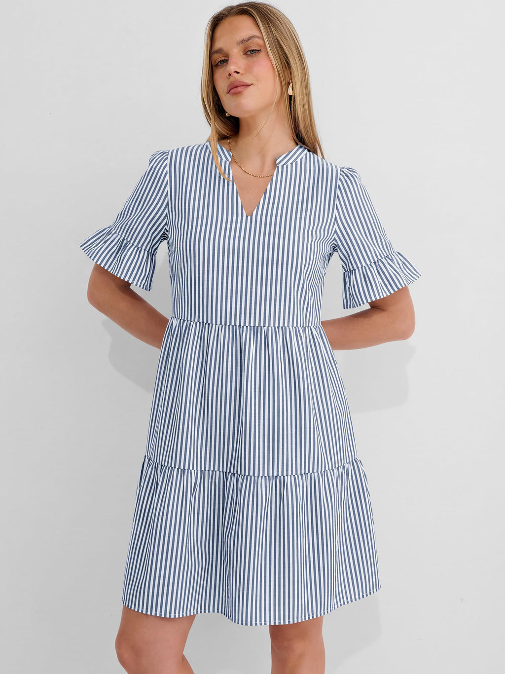 Caracilia Dresses for Women Summer 2026 Striped V Neck Ruffle Sleeve A Line Tiered Flowy Casual Mini Beach Dress with Pockets