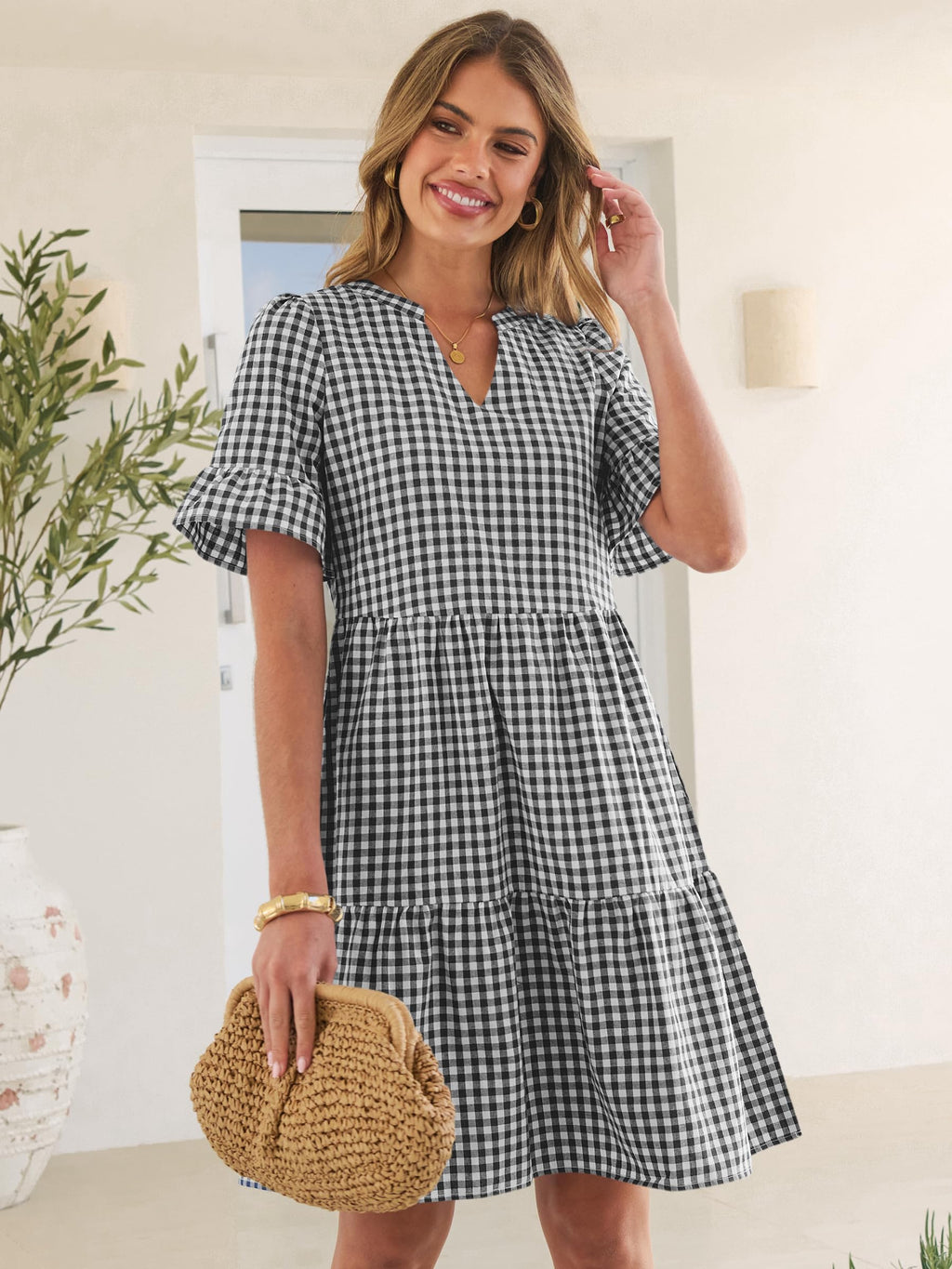 Caracilia Dresses for Women Summer 2026 Striped V Neck Ruffle Sleeve A Line Tiered Flowy Casual Mini Beach Dress with Pockets