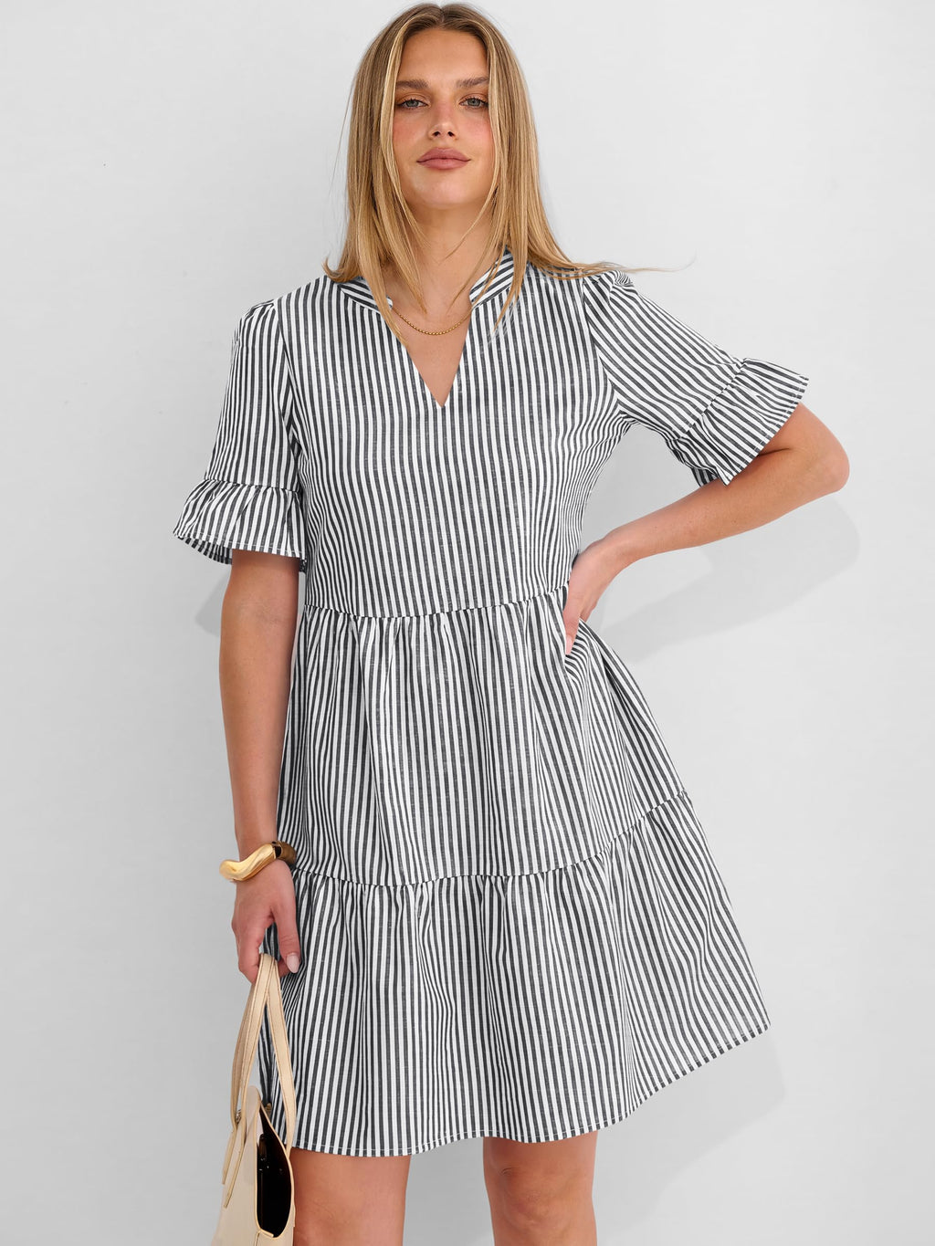 Caracilia Dresses for Women Summer 2026 Striped V Neck Ruffle Sleeve A Line Tiered Flowy Casual Mini Beach Dress with Pockets