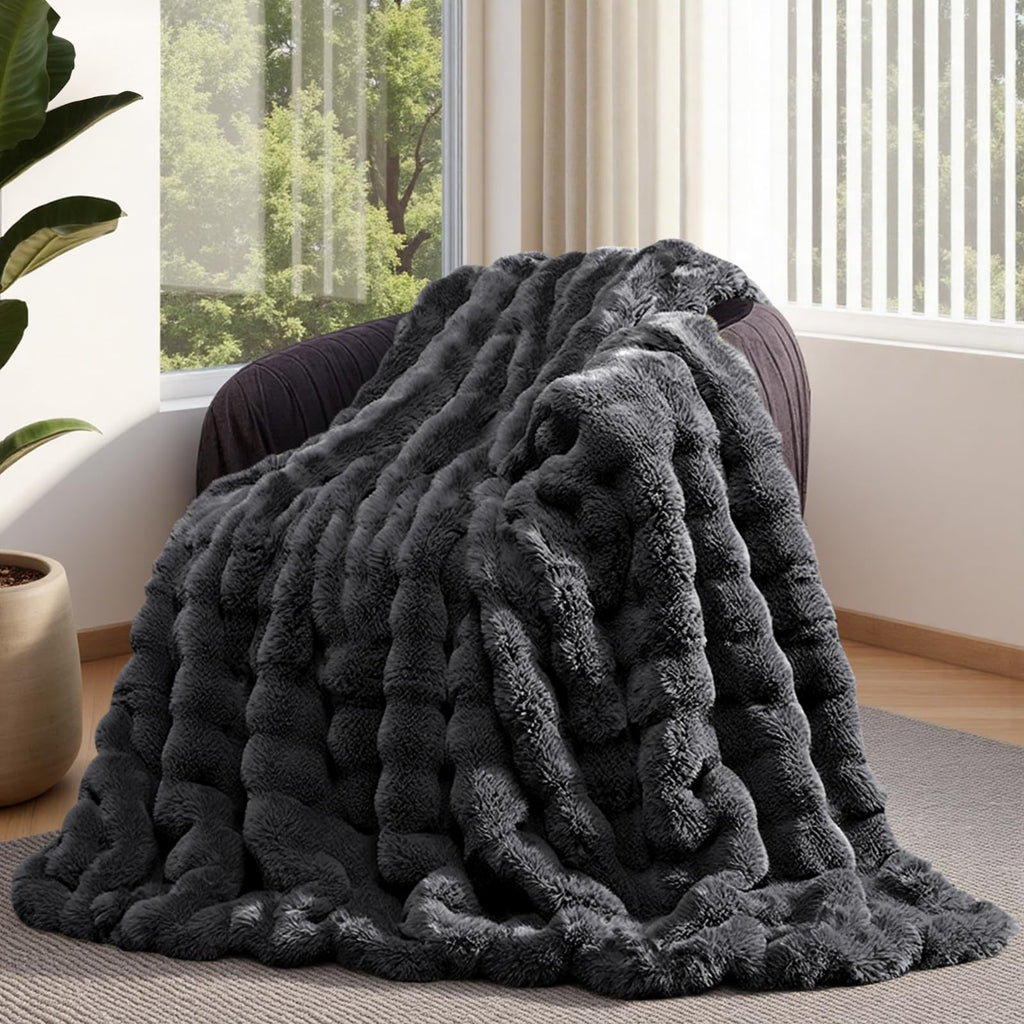 Lotus Karen Faux Fur Throw Blanket Black - Big Bubble Rabbit Fluff Blanket for Couch, Small Fluffy Fuzzy Cozy Blanket, Thick Furry Plush Shaggy Blankets, 50x60 Inches