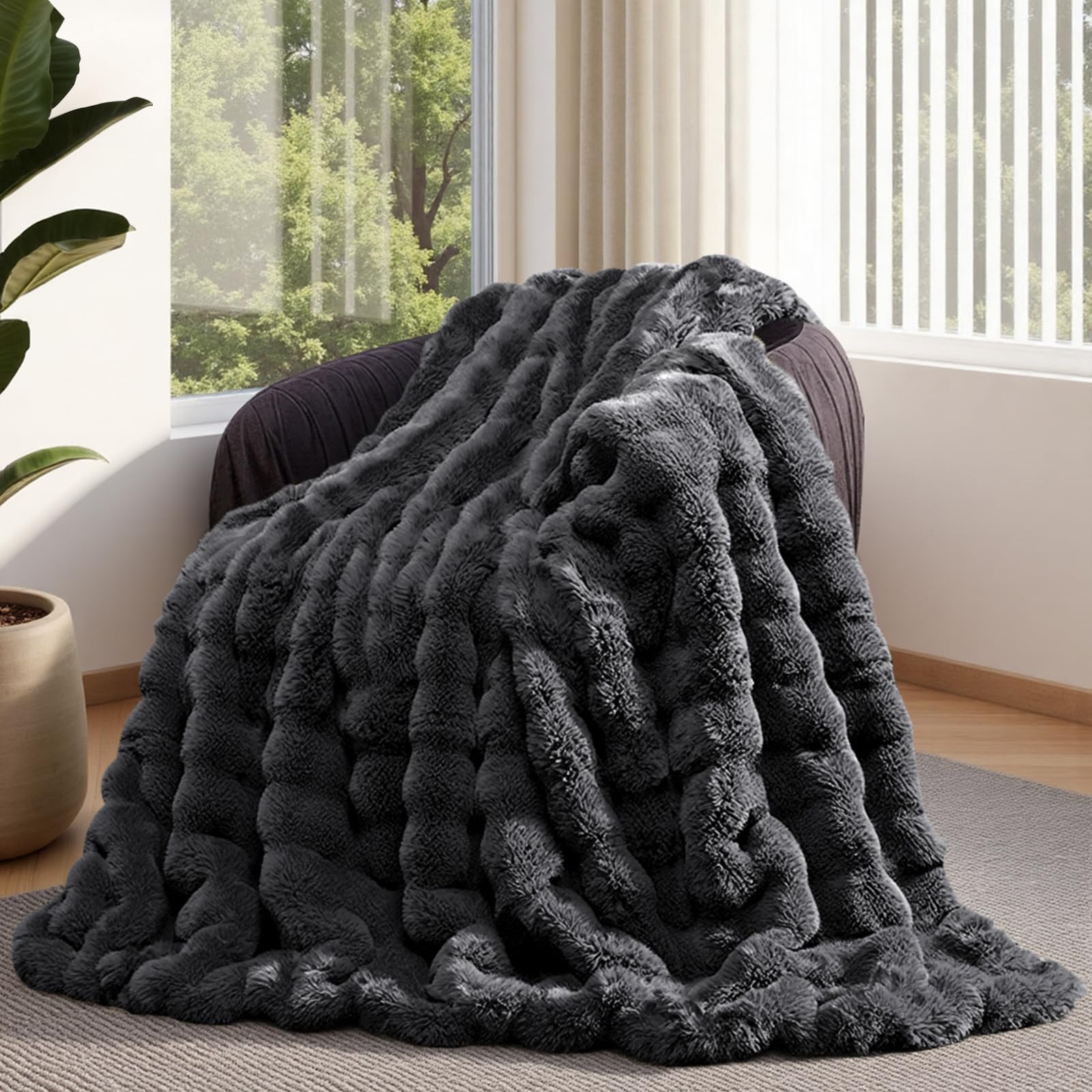 Lotus Karen Faux Fur Throw Blanket Black - Big Bubble Rabbit Fluff Blanket for Couch, Small Fluffy Fuzzy Cozy Blanket, Thick Furry Plush Shaggy Blankets, 50x60 Inches