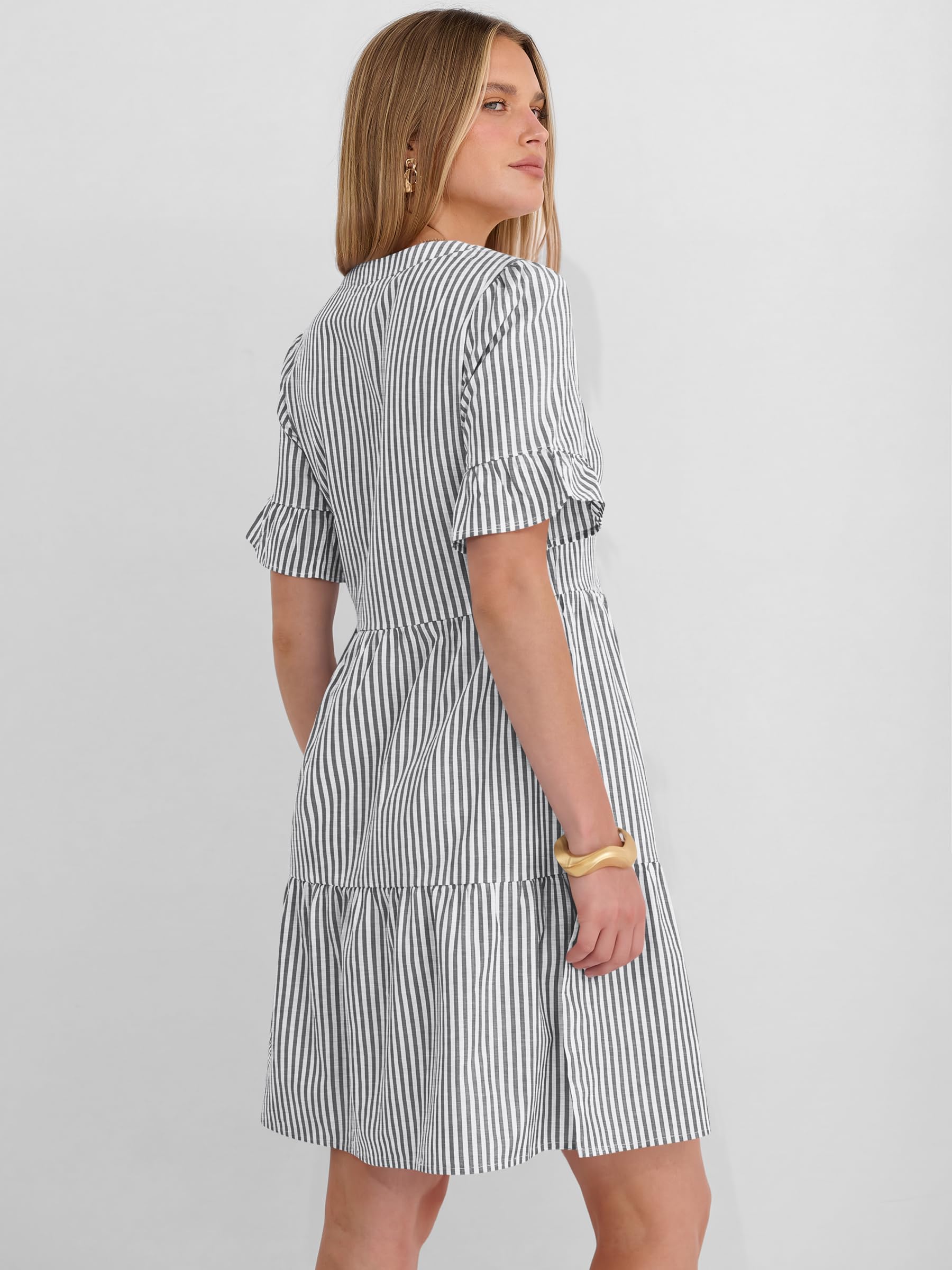 Caracilia Dresses for Women Summer 2026 Striped V Neck Ruffle Sleeve A Line Tiered Flowy Casual Mini Beach Dress with Pockets