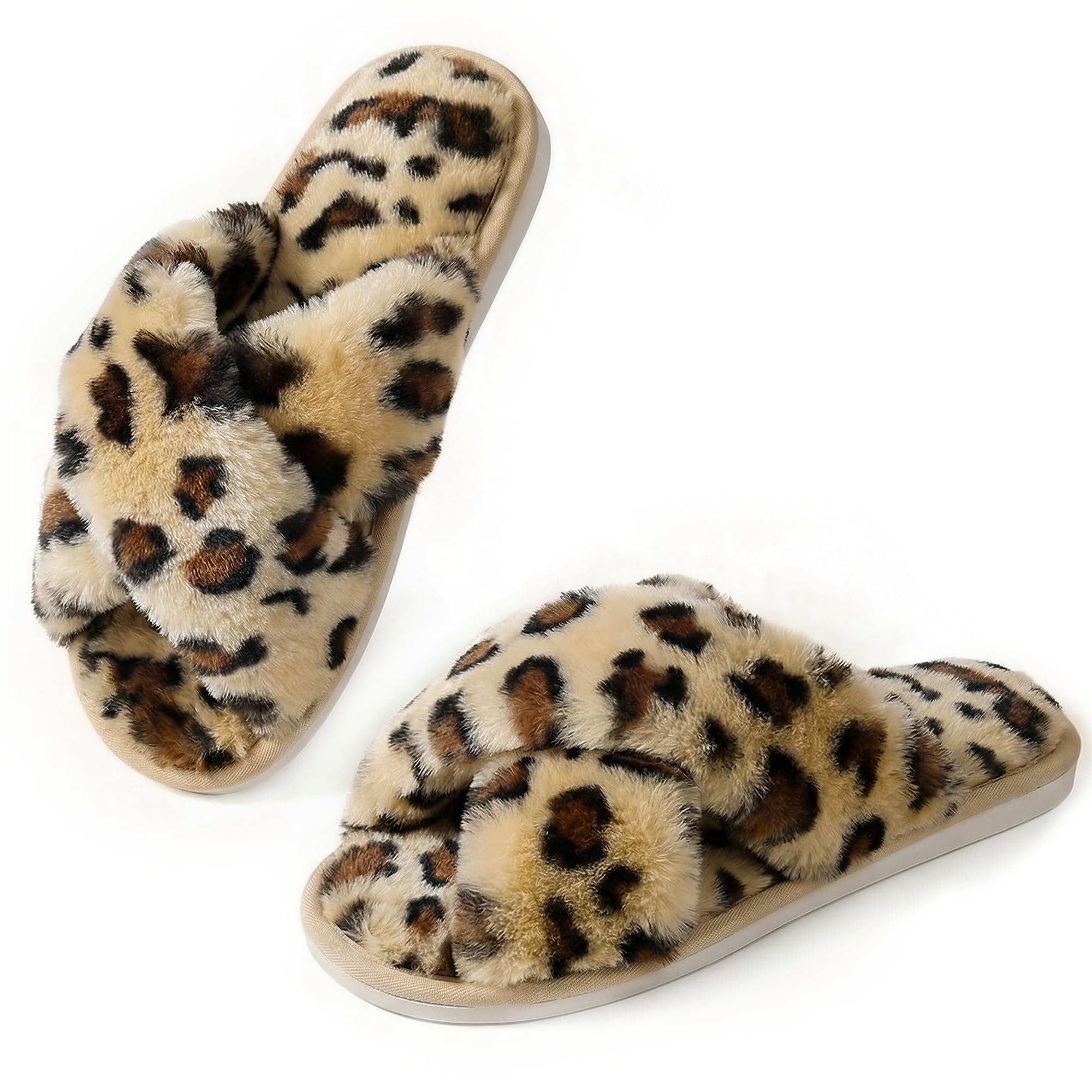 Ankis Women's Fuzzy Slippers Cross Band Memory Foam Open Toe Comfy Soft House Shoes Anti-Slip Indoor Outdoor Gifts for Women