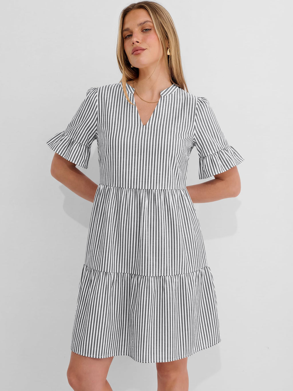 Caracilia Dresses for Women Summer 2026 Striped V Neck Ruffle Sleeve A Line Tiered Flowy Casual Mini Beach Dress with Pockets