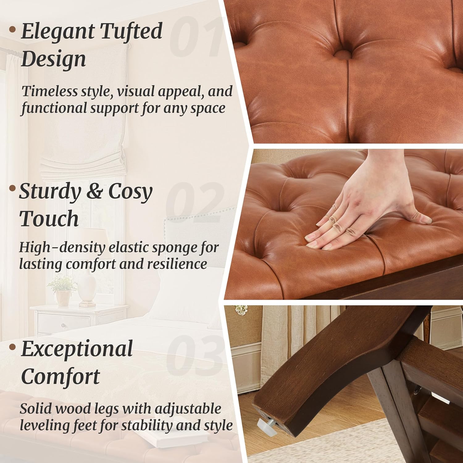 Cozyman Entryway Bench 59 Inch, PU Leather Upholstered Bed Bench with Solid Rubber Wood Legs, 300LBS Weight Capacity, Storage for Shoes/Toys, Easy Assembly for Hallway/Entryway/Living Room, Caramel