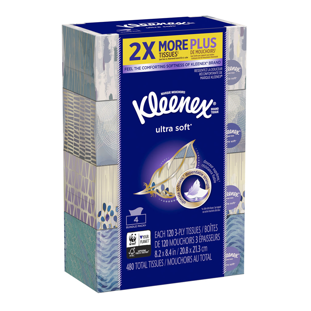 Kleenex Ultra Soft Facial Tissues, 3 Flat Boxes, 120 Tissues per Box, 3-Ply (360 Total), Packaging May Vary