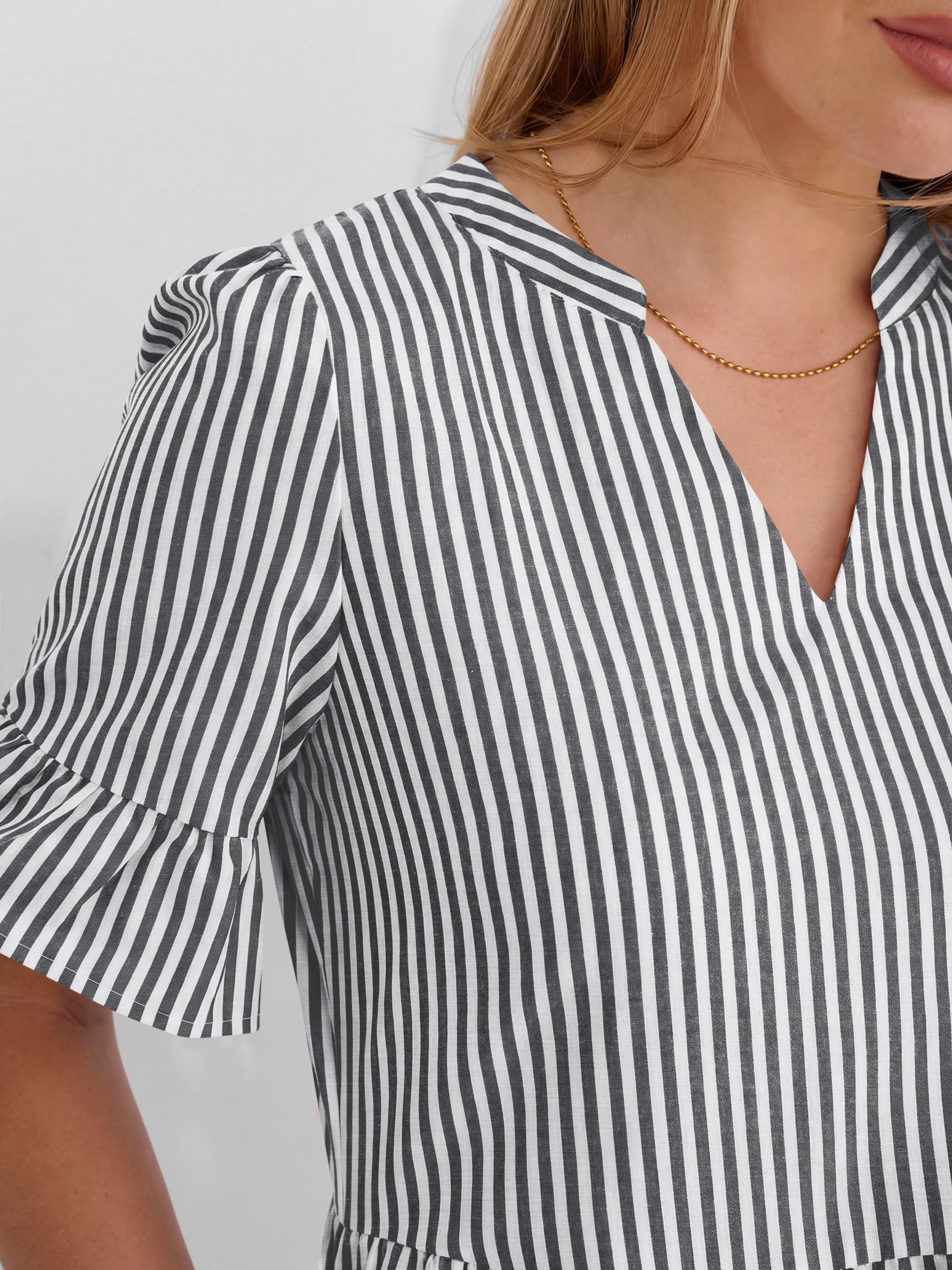 Caracilia Dresses for Women Summer 2026 Striped V Neck Ruffle Sleeve A Line Tiered Flowy Casual Mini Beach Dress with Pockets