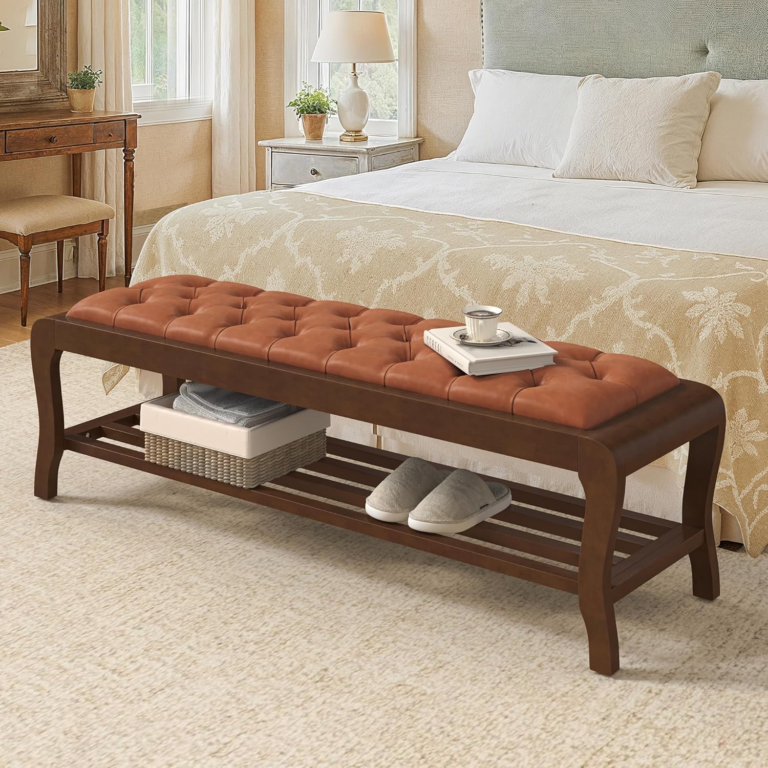 Cozyman Entryway Bench 59 Inch, PU Leather Upholstered Bed Bench with Solid Rubber Wood Legs, 300LBS Weight Capacity, Storage for Shoes/Toys, Easy Assembly for Hallway/Entryway/Living Room, Caramel