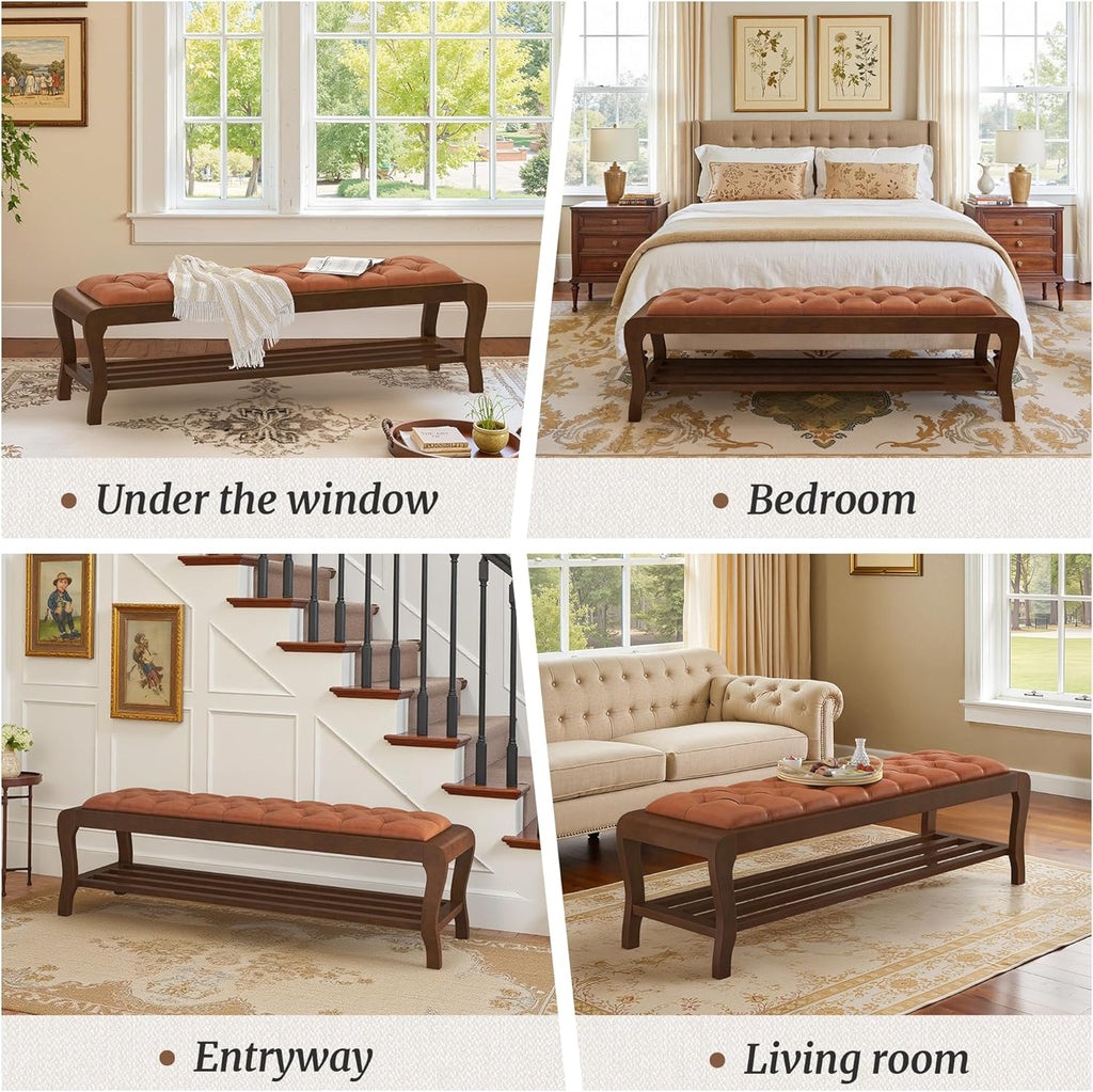 Cozyman Entryway Bench 59 Inch, PU Leather Upholstered Bed Bench with Solid Rubber Wood Legs, 300LBS Weight Capacity, Storage for Shoes/Toys, Easy Assembly for Hallway/Entryway/Living Room, Caramel