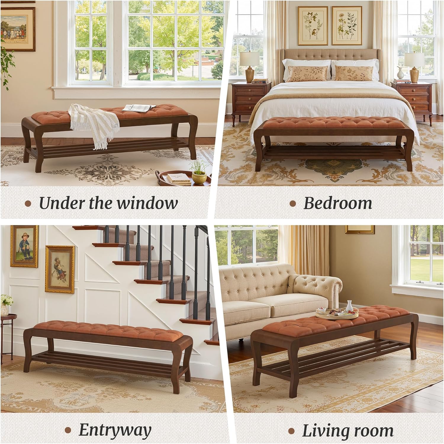 Cozyman Entryway Bench 59 Inch, PU Leather Upholstered Bed Bench with Solid Rubber Wood Legs, 300LBS Weight Capacity, Storage for Shoes/Toys, Easy Assembly for Hallway/Entryway/Living Room, Caramel