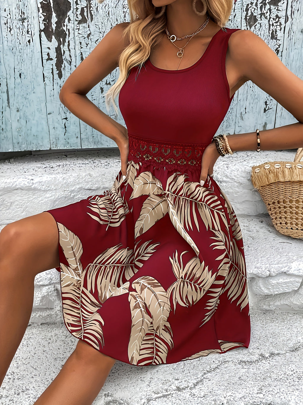 Cross-Border Amazon Temu Women's Fashion Trendy Tropical Print Lace Trim Tank Dress Versatile