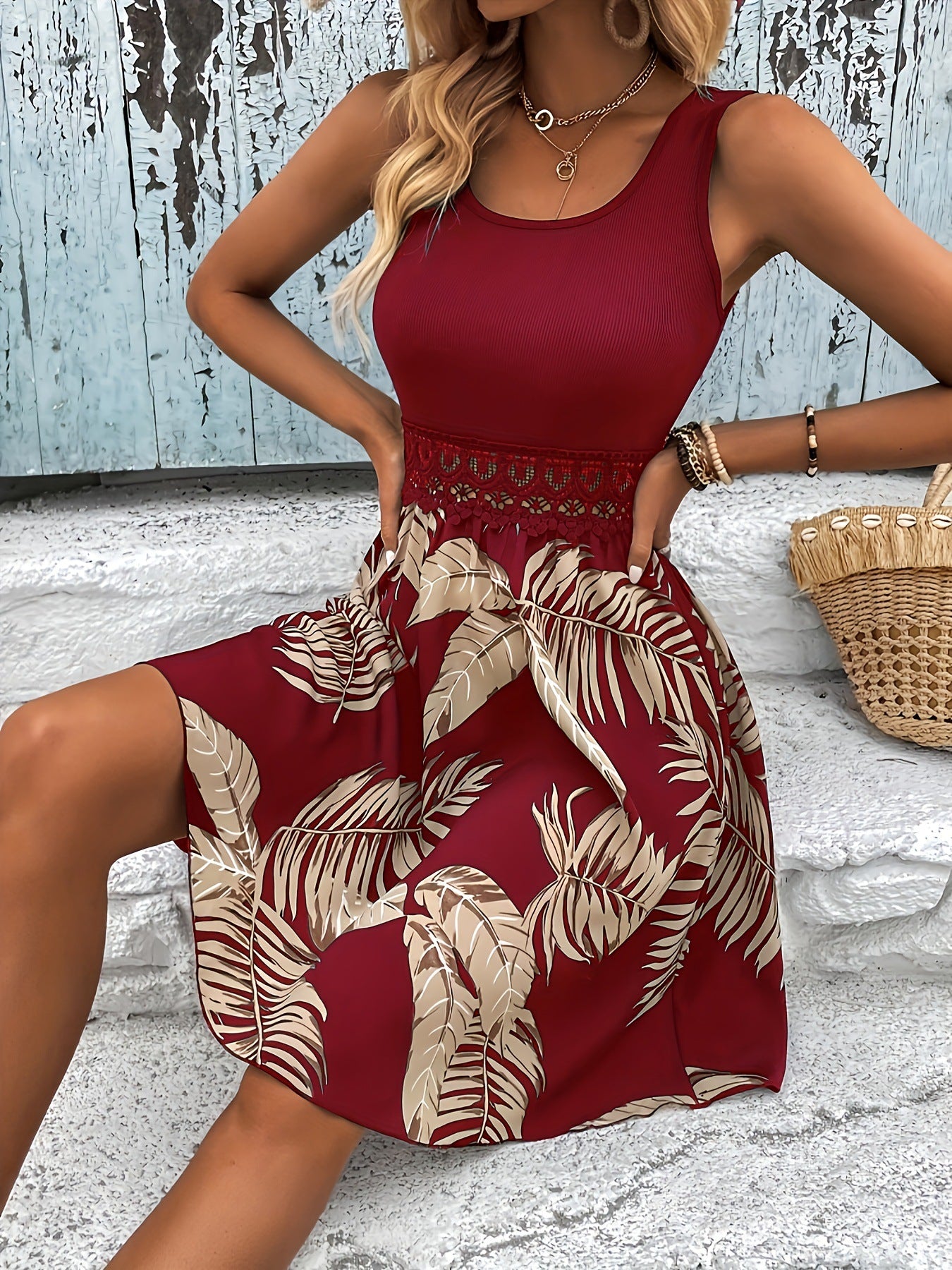 Cross-Border Amazon Temu Women's Fashion Trendy Tropical Print Lace Trim Tank Dress Versatile