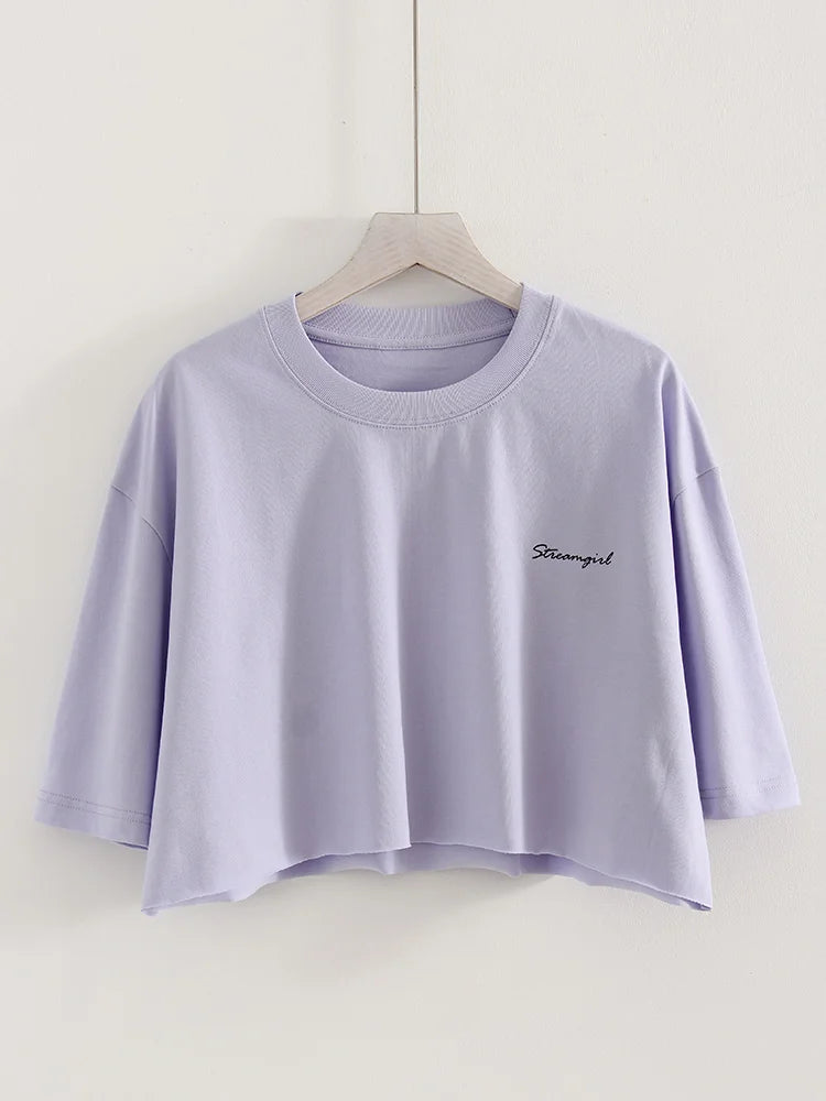 White Cotton Crop T Shirts For Women Loose Fit Summer Sexy Baggy Crop Top Tee Short Sleeve Oversize Cropped T Shirt Women Purple