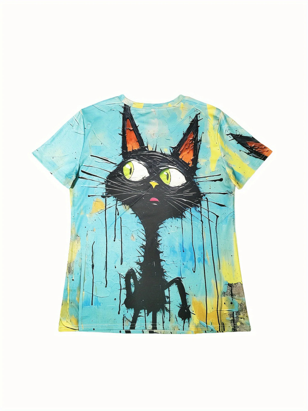Turquoise Pop Art Cat Women's Tee - Bold Black Cat & Drip Graphic, Edgy Artistic Print Design for Casual Daily Wear