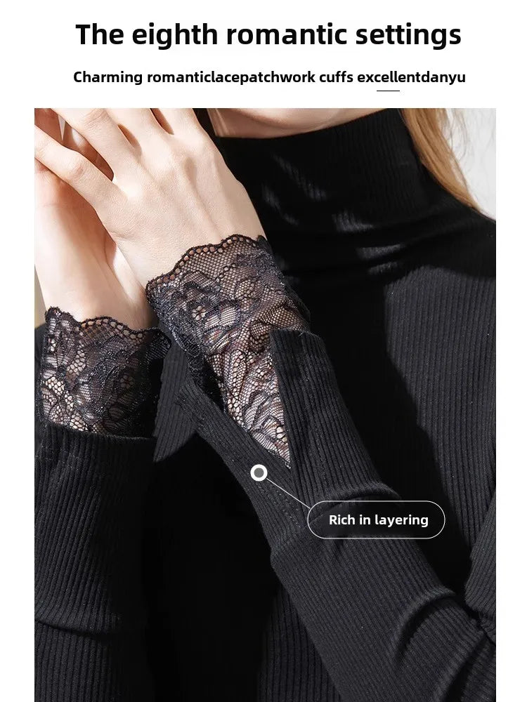 Stand Up Collar Long Sleeved T-shirt Base Shirt, Women's Autumn and Winter New Style Lace Patchwork Trumpet Sleeve Top
