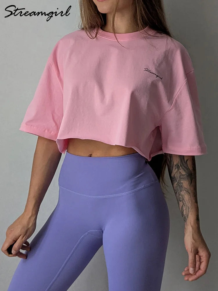White Cotton Crop T Shirts For Women Loose Fit Summer Sexy Baggy Crop Top Tee Short Sleeve Oversize Cropped T Shirt Women Purple