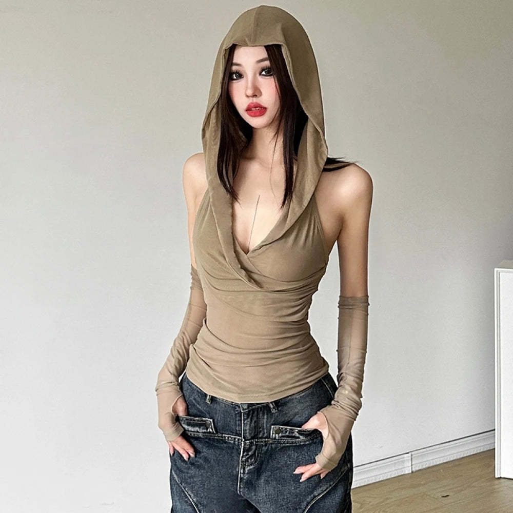 SylCue Casual With A Hat Solid Frenulum Backless Ruched Versatile Atmosphere Style Fashion Skinny Advanced Sense 2024 Hot Vest