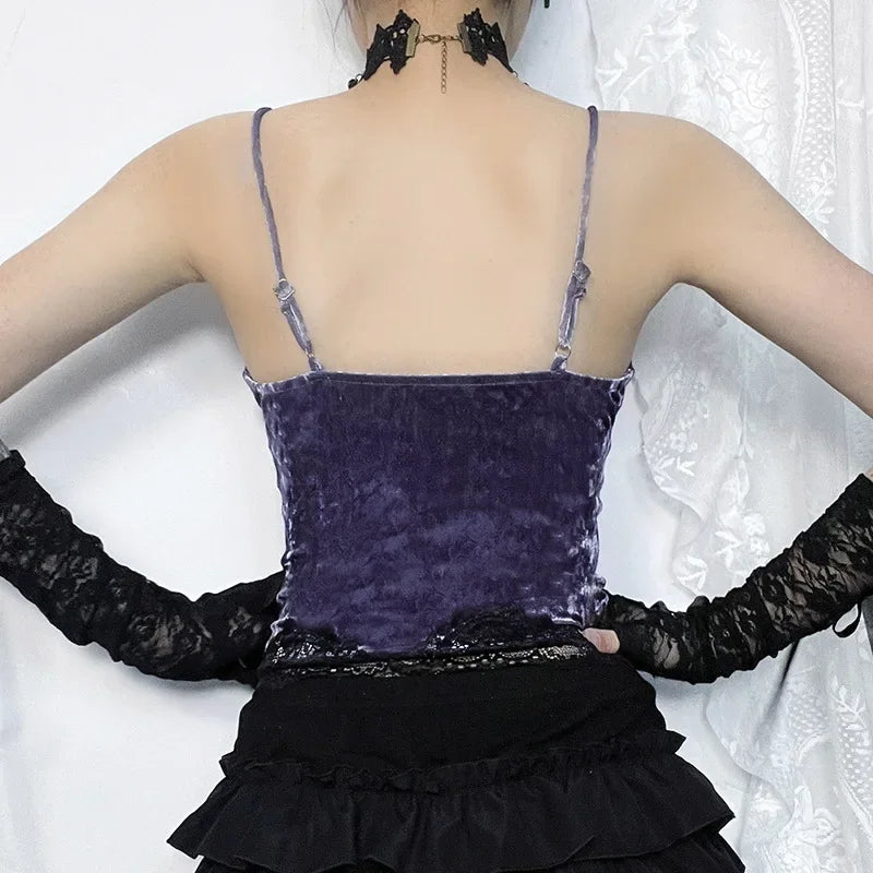 Lace Trim Gothic Aesthetic Vlevet Camisole Grunge Punk Bodycon Vneck Women Crop Tops Backless Basic Autumn Alt Clothes