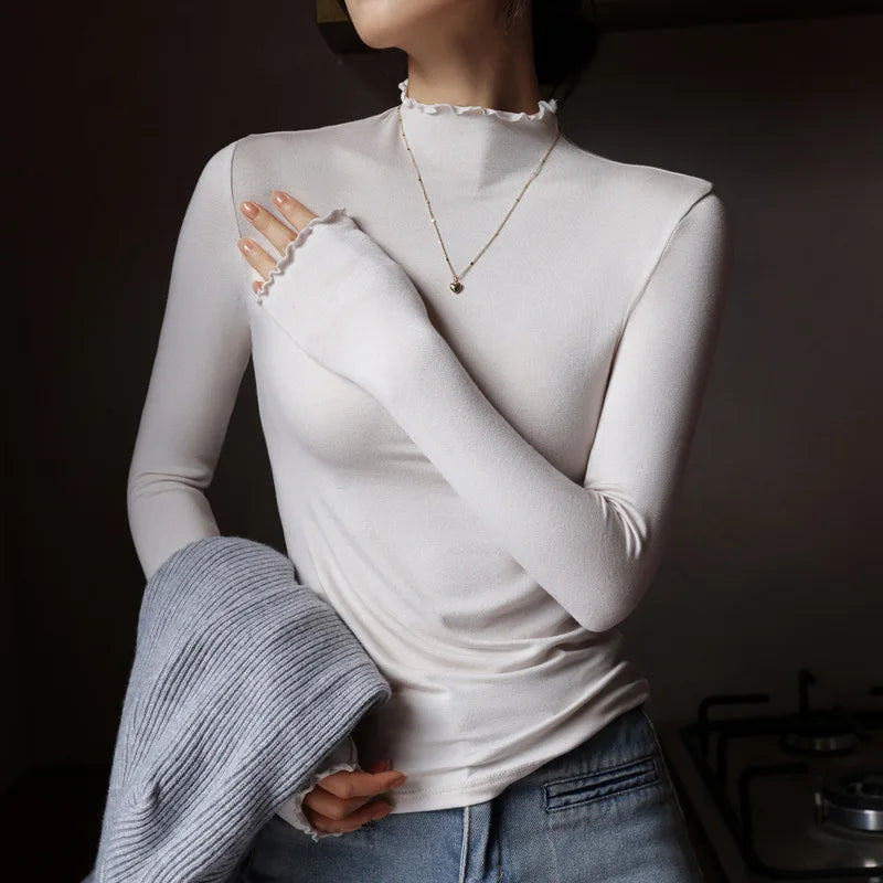Modal Semi-turtleneck Women's Long Sleeve T-shirts Fungus Edge Women Bottoming Tee Shirt Inner Long-sleeved Woman Tops Tees
