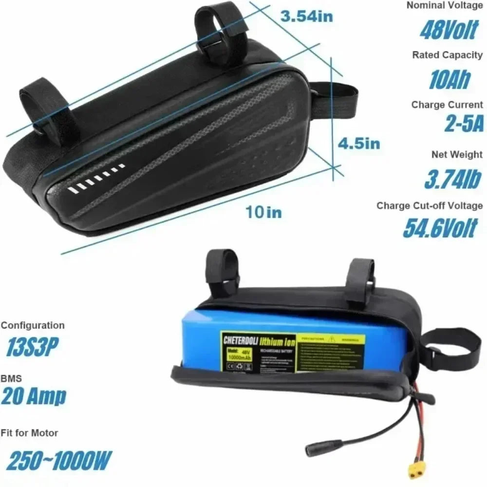 36V/48V Triangle Ebike Battery Pack 12Ah 14Ah Li-ion Electric Bicycle Battery with Waterproof Bag Charger & Safety BMS