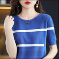Spring Summer O Neck Vintage Striped Patchwork Knitting Tee Ladies Loose Casual All-match Pullover Top Women Hollow Out T-shirt