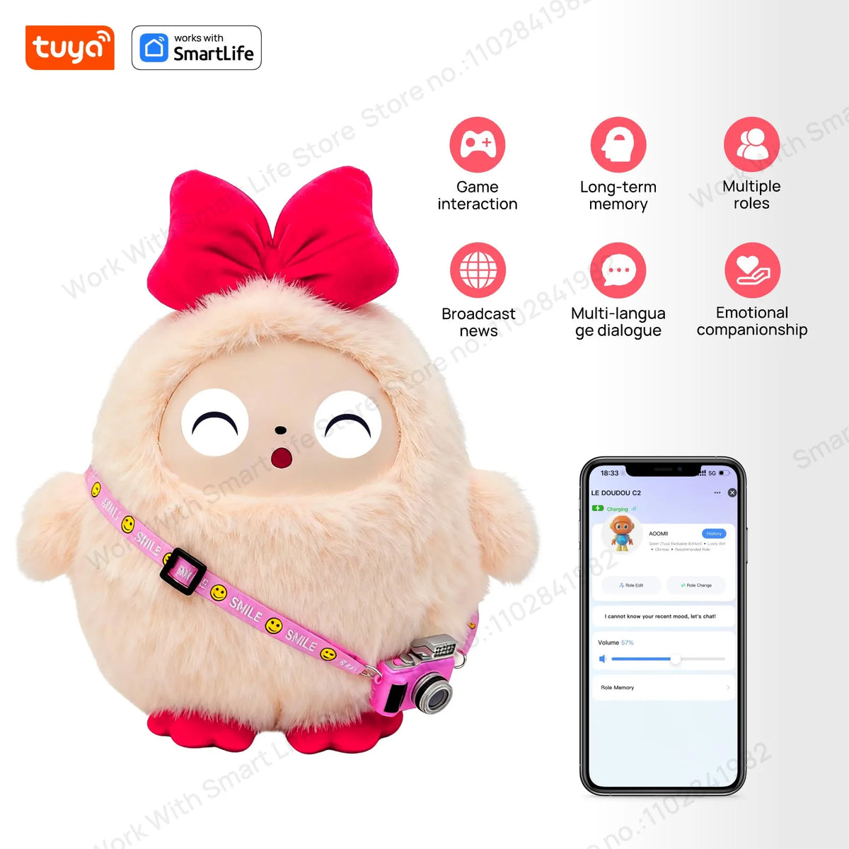 Cute Kiki-AI Plush Toy W/Smart Voice&LED Eyes,Interactive Companion ReadyRechargeable E-Pet open up fun life W/Tuya App-Pink