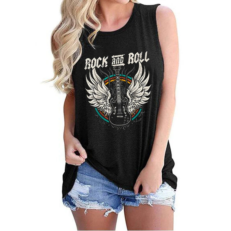 Rock and Roll Guitar Graphic Tank Top Women Vintage Rock Music Sleeveless Top Country Music Guitar Shirt Design Casual Tops